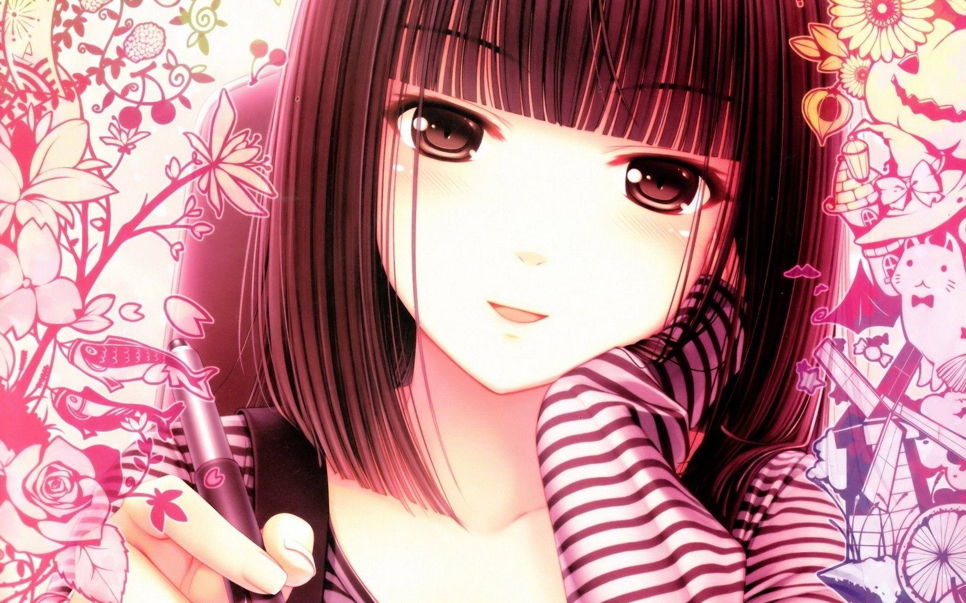 Kawaii Anime na Babae na May Hawak na Panulat na May Mga Doodle Wallpaper