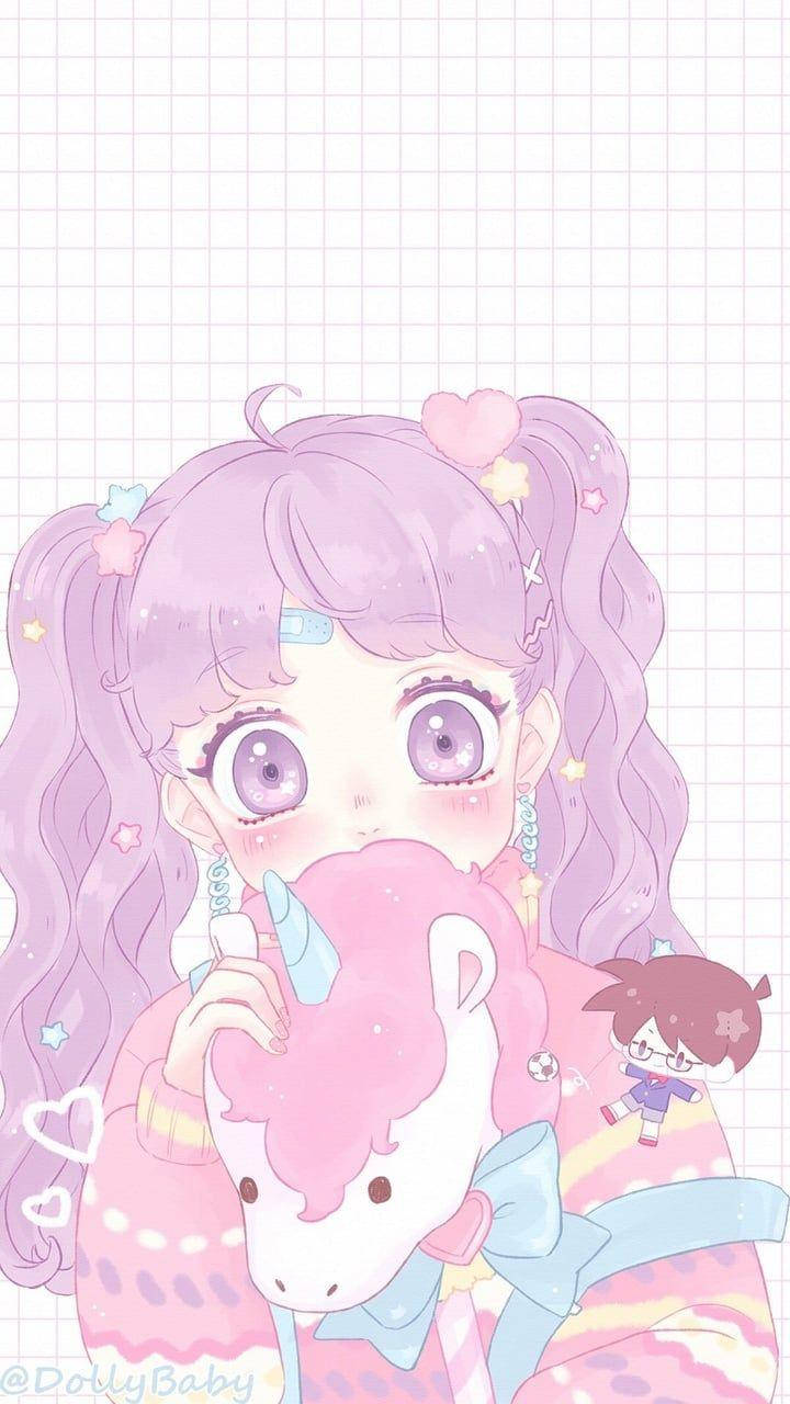 Kawaii Anime na Babae na May Unicorn na Stuffed Toy Wallpaper