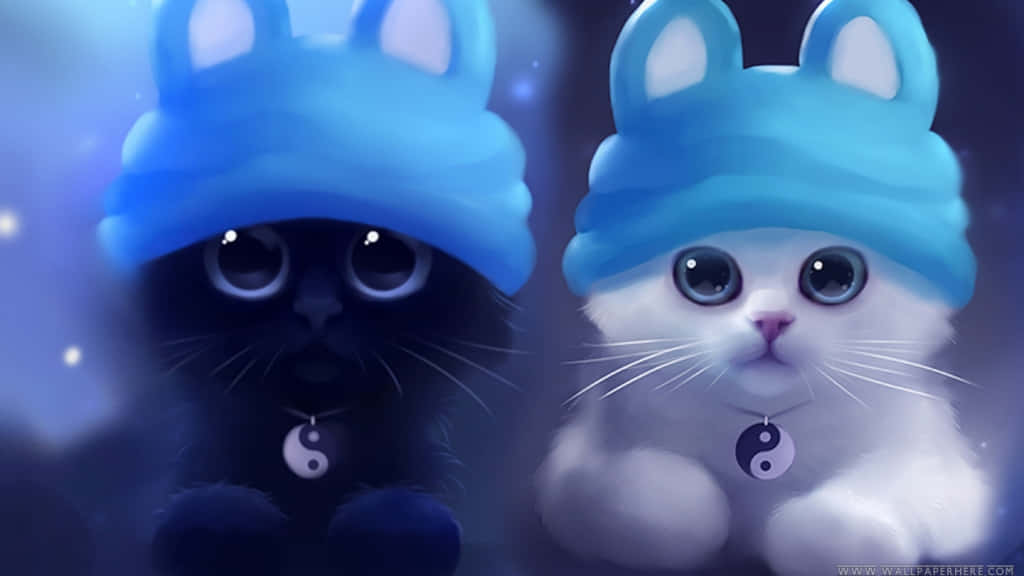 Kawaii Anime na Pusa na may Sombrerong Kuneho Wallpaper