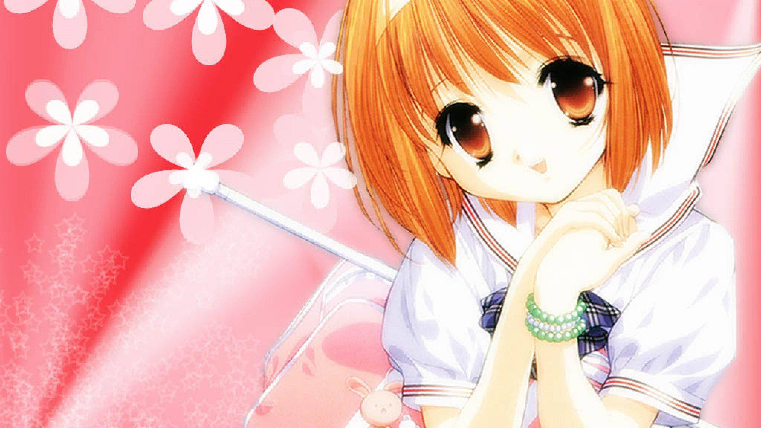 Kawaii Anime Schoolgirl na May Pink na Bulaklak Wallpaper