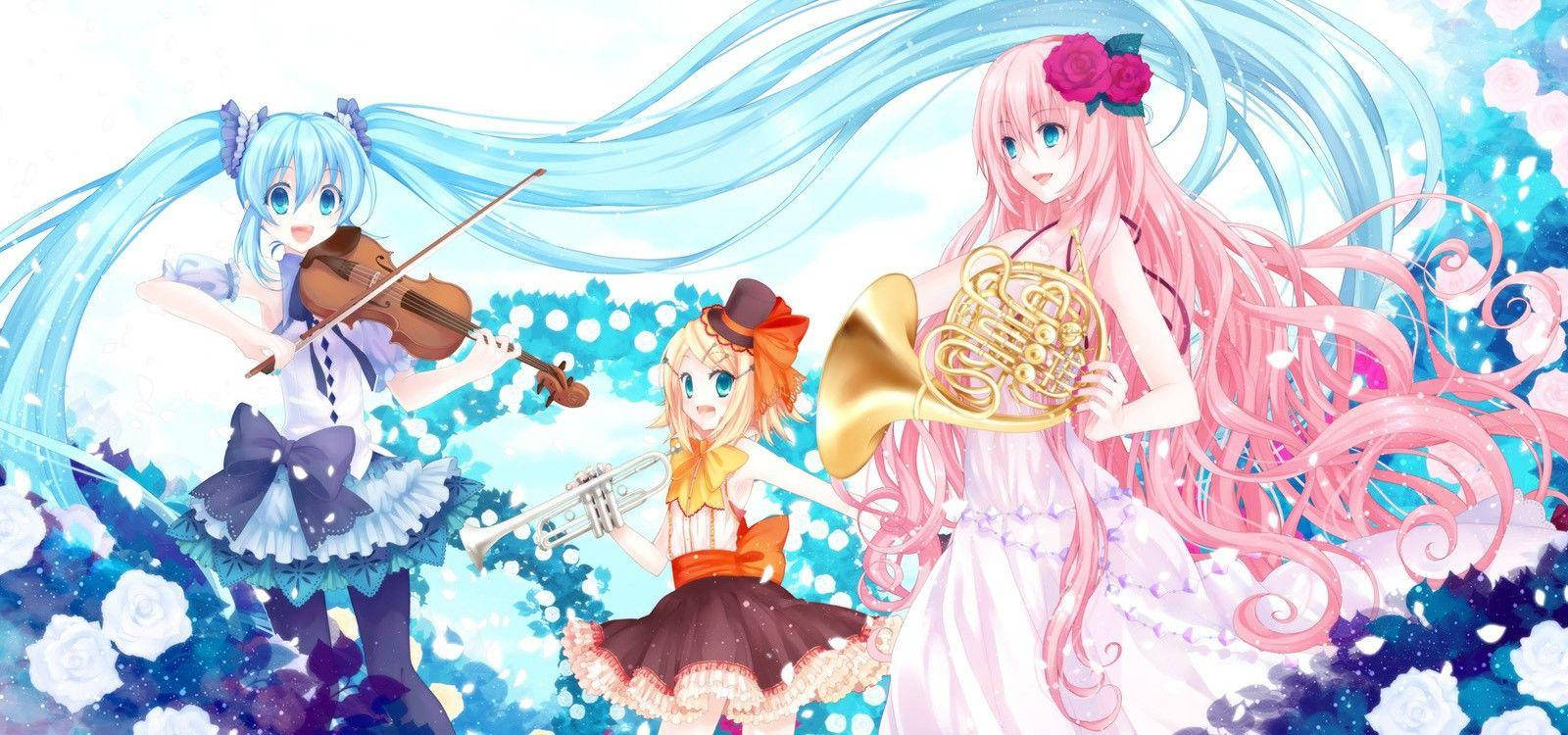 Kawaii Anime Vocaloids na May mga Instrumento Wallpaper
