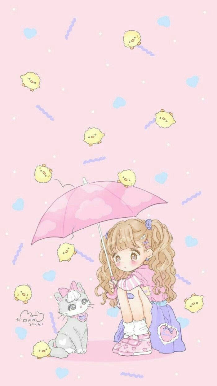 Kawaii Cute Girly Kasama ang Kanyang Pusa Wallpaper