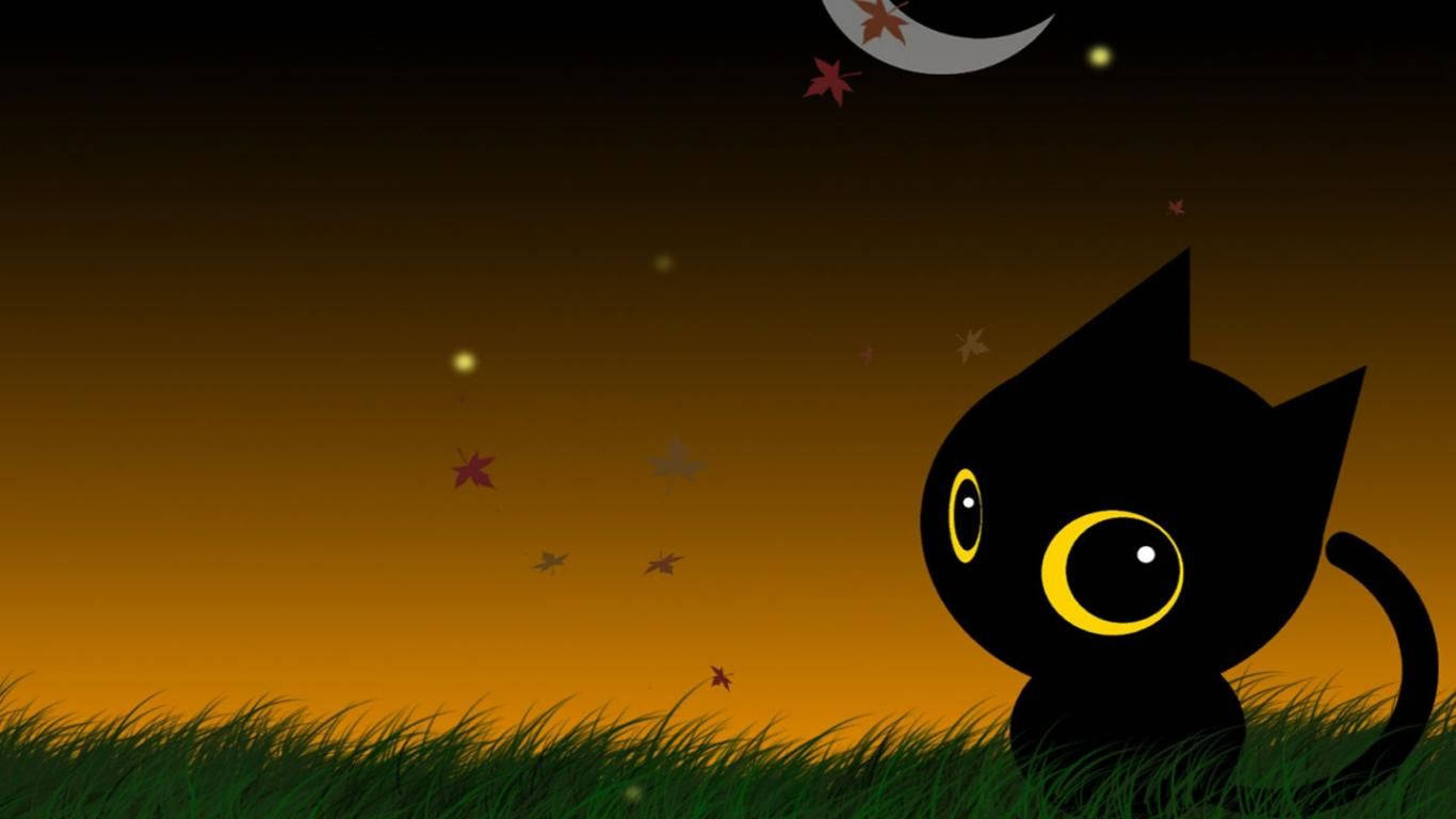 Kawaii Halloween na Pusa sa Damo Wallpaper