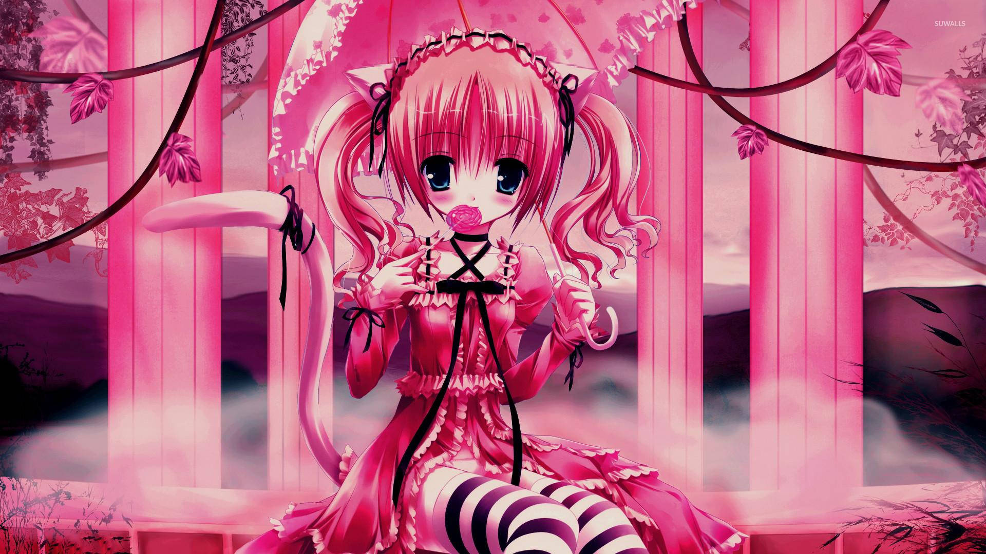 Kawaii na Anime na Babae sa Mga Pink na Haligi Wallpaper