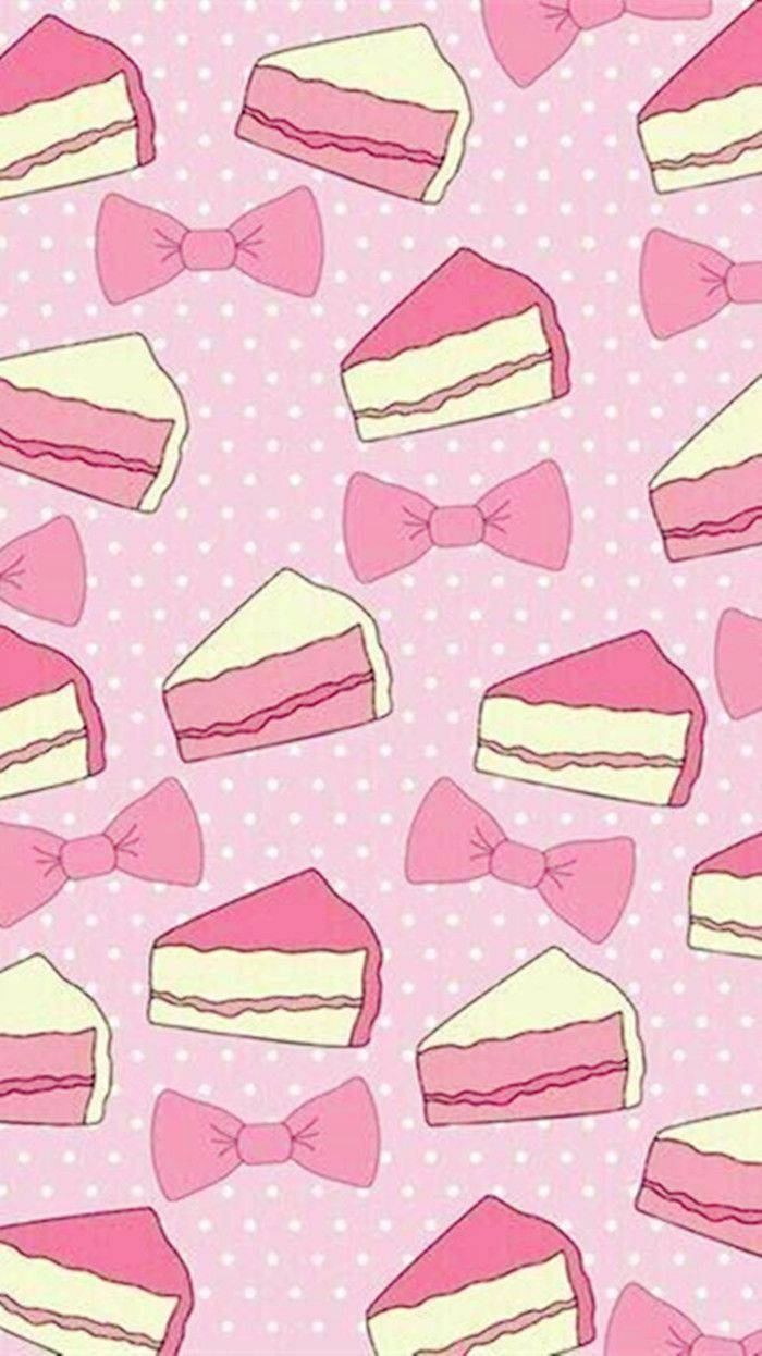 Kawaii Pink Cake at Ribbon Collage Wallpaper