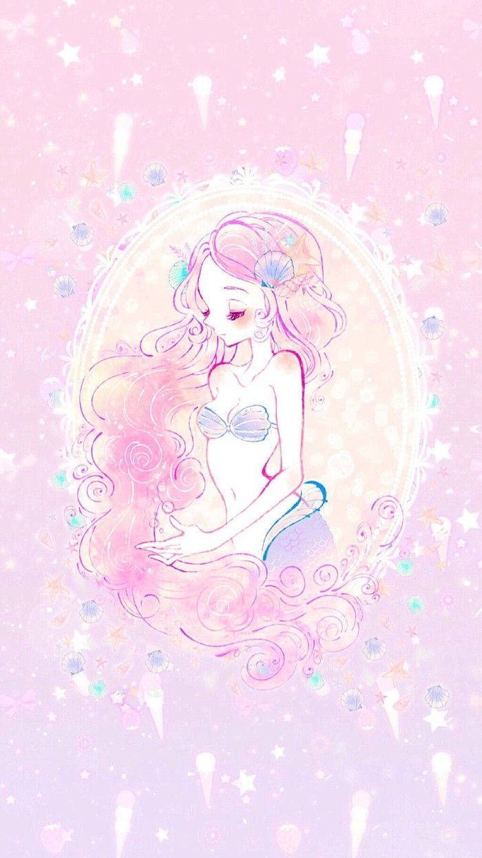 Kawaii Pink Mermaid na Naka-frame Wallpaper