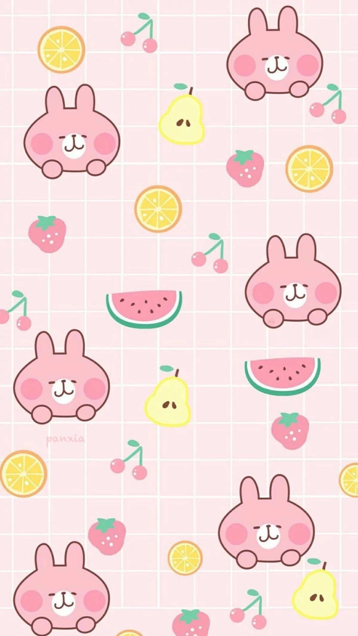 Kawaii Pink na Kuneho at Prutas Collage Wallpaper