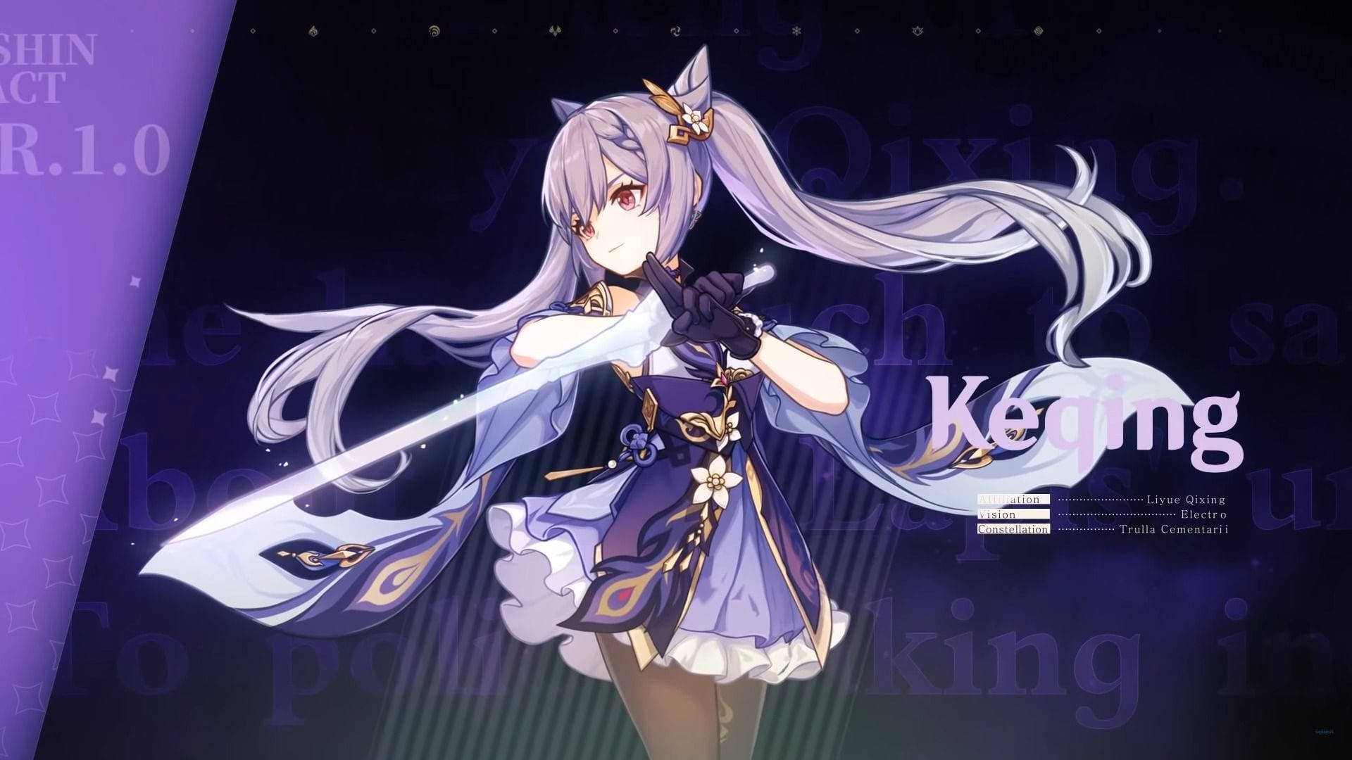 Keqing, nagpapakita ng pose sa kanyang kasuotan mula sa video game na "Genshin Impact" Wallpaper