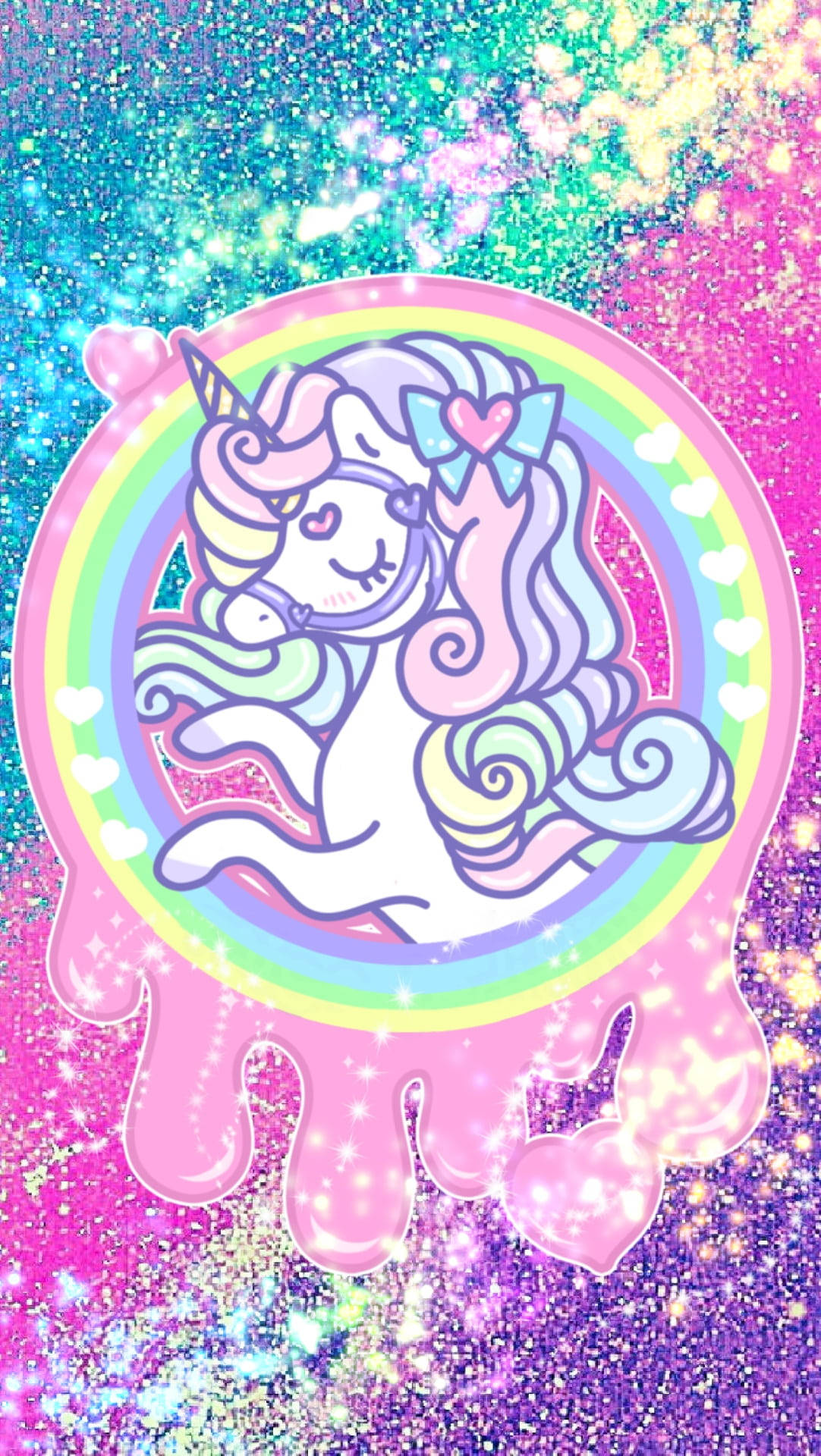 Kislap at Unicorn sa Isang Pabilog na Bahaghari Wallpaper