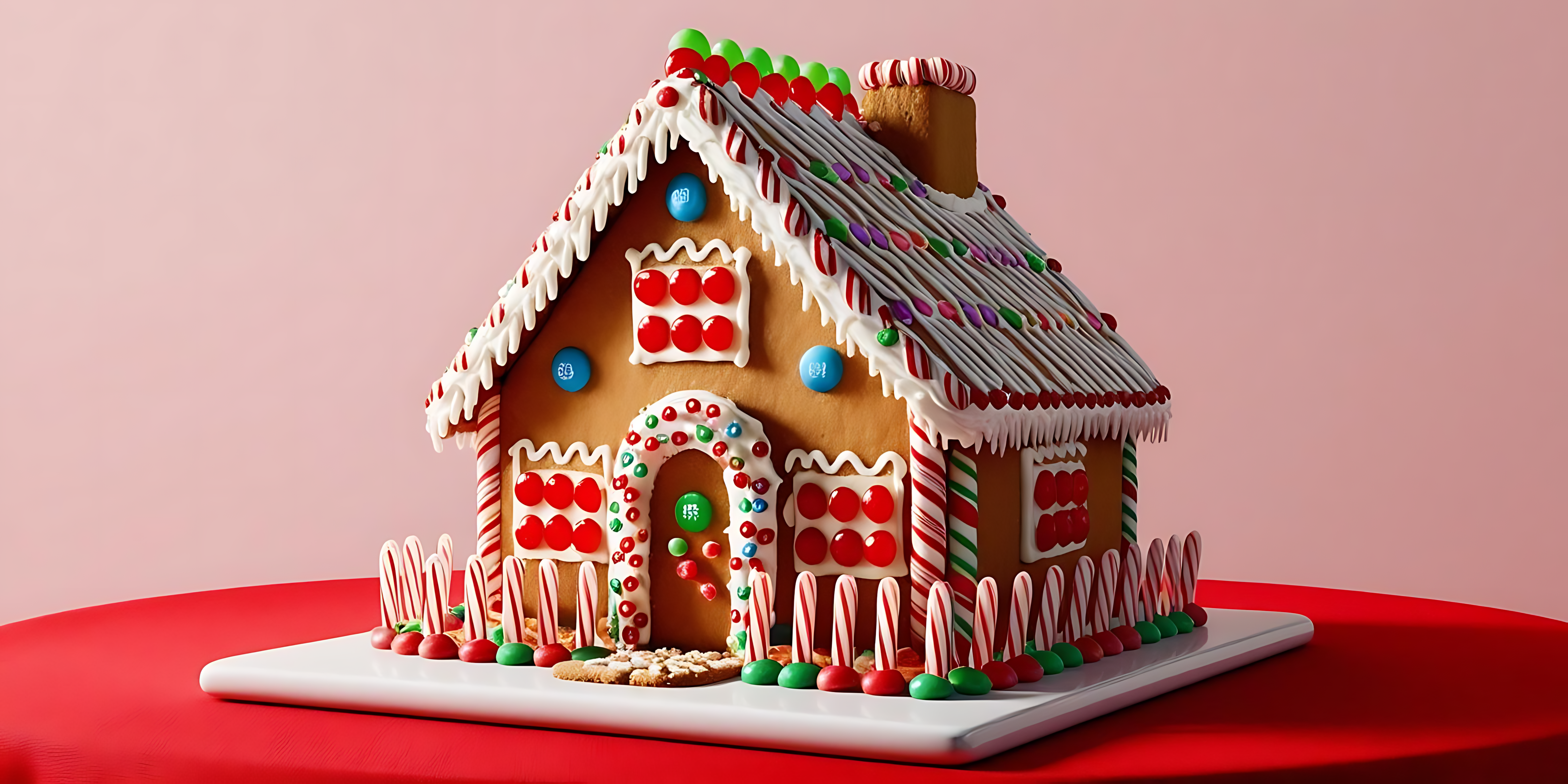 Klasikong gingerbread house sa pulang mesa Wallpaper