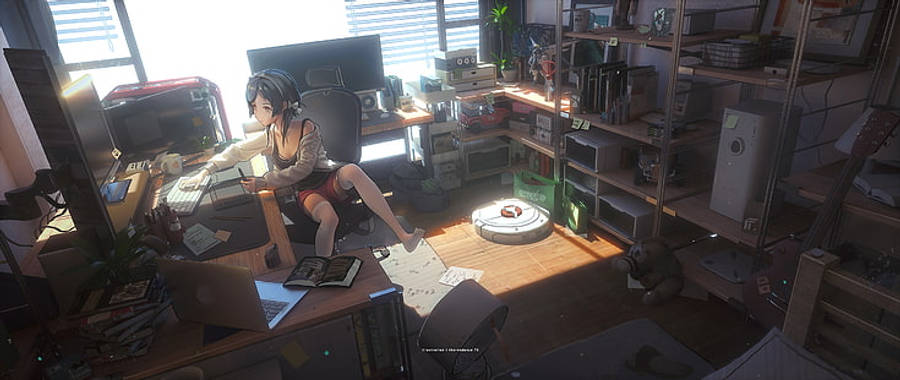 Komportableng Anime na Babae na Nagtatrabaho sa Kanyang Laptop Wallpaper
