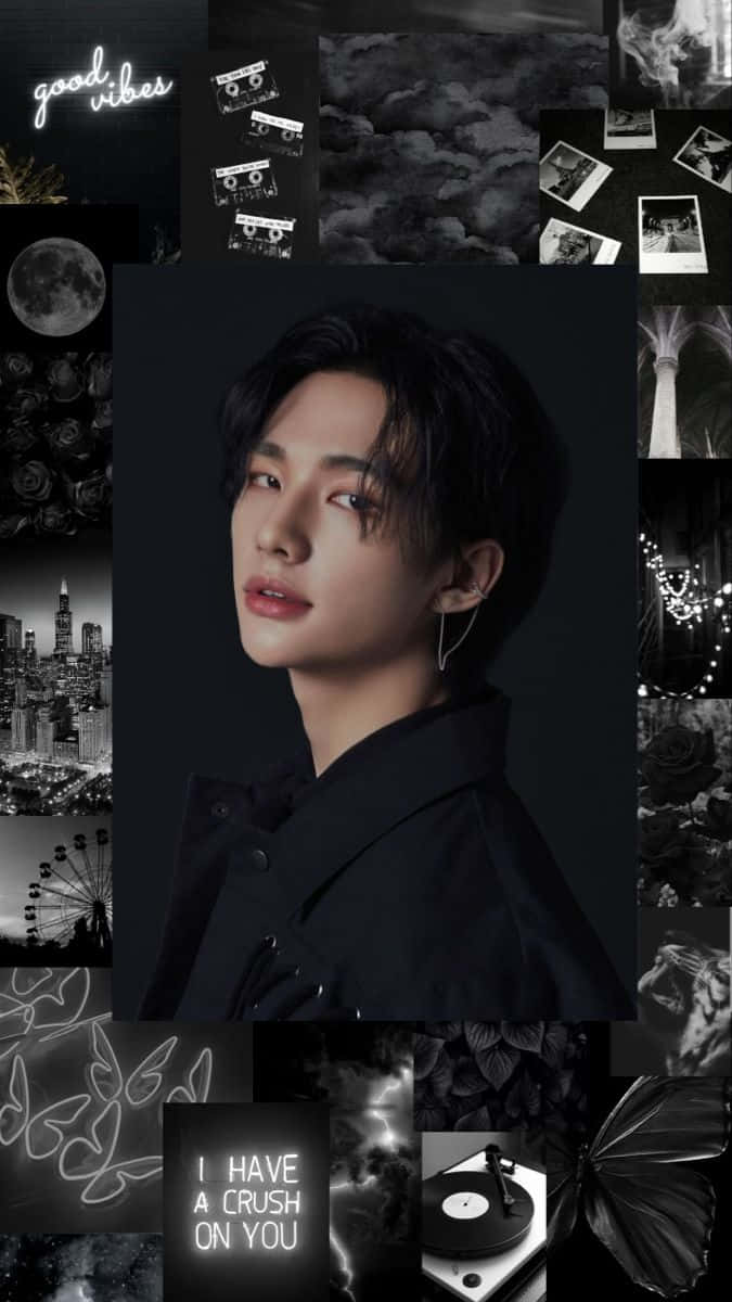 Korean Celebrity Hyunjin Black And White Aesthetic Wallpaper