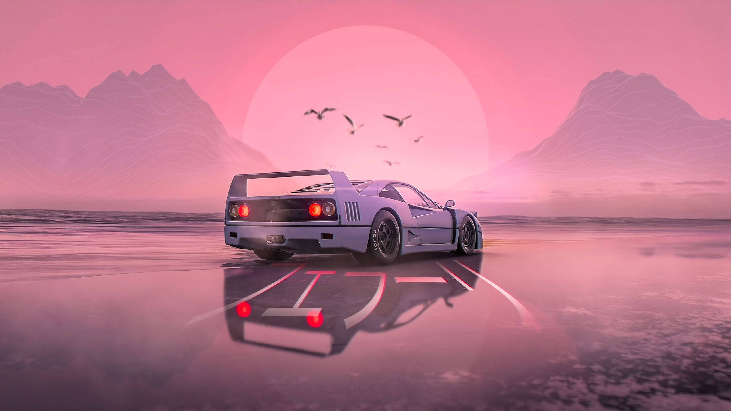 Kotse na Puti Anime Pink na Tanawin Wallpaper