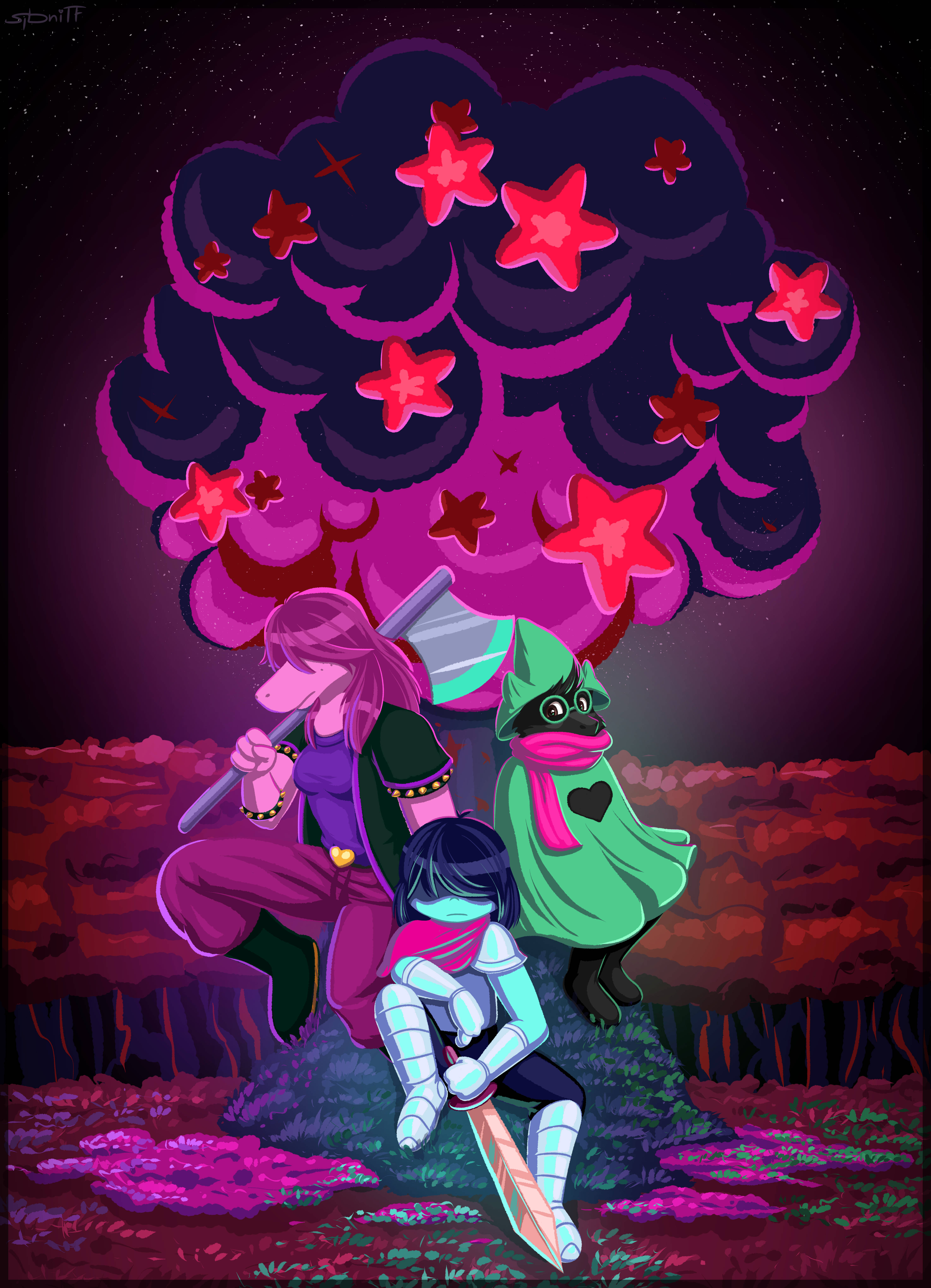 Kris, Susie at Ralsei mula sa Deltarune sa isang night sky Wallpaper