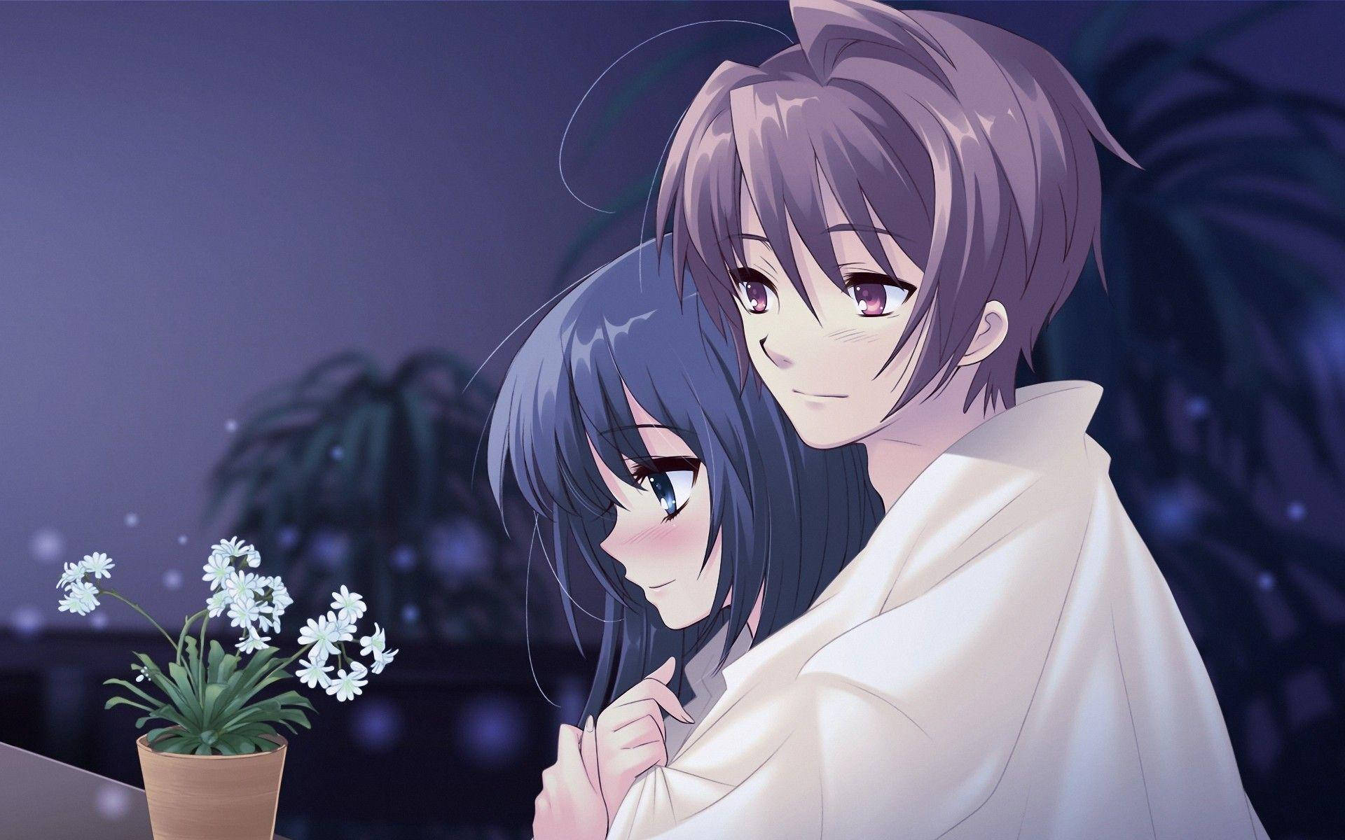 Kumot ng Magkasintahang Anime na Magkayakap Wallpaper