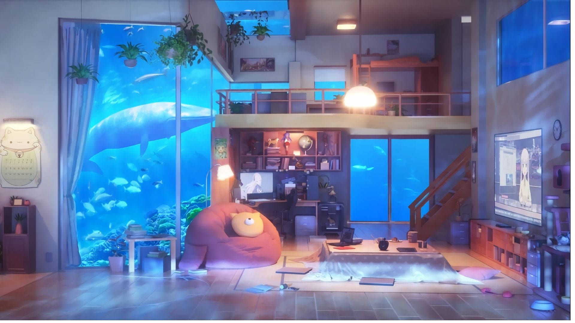 Kuwartong Anime na may Aquarium Wallpaper