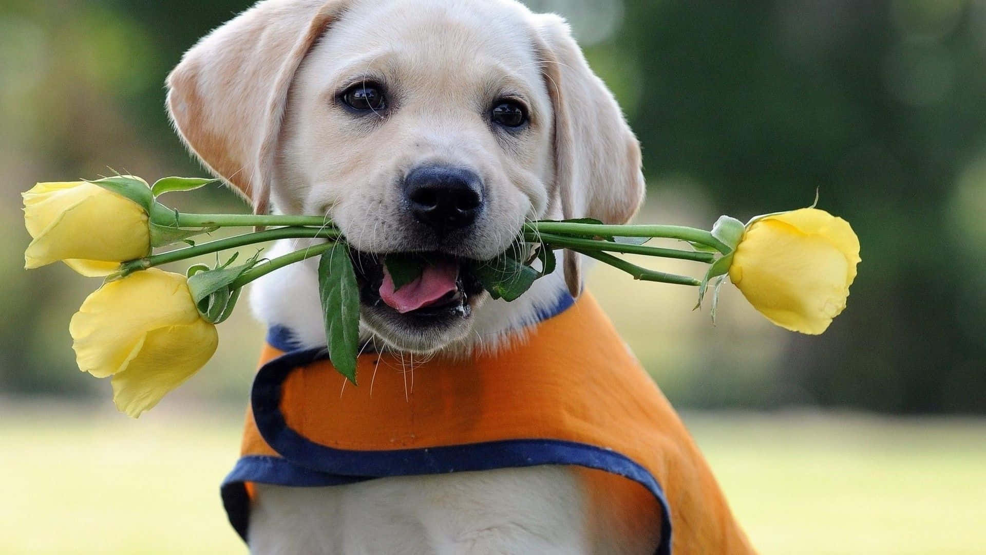 Labrador Puppy na may Dilaw na Rosas Wallpaper