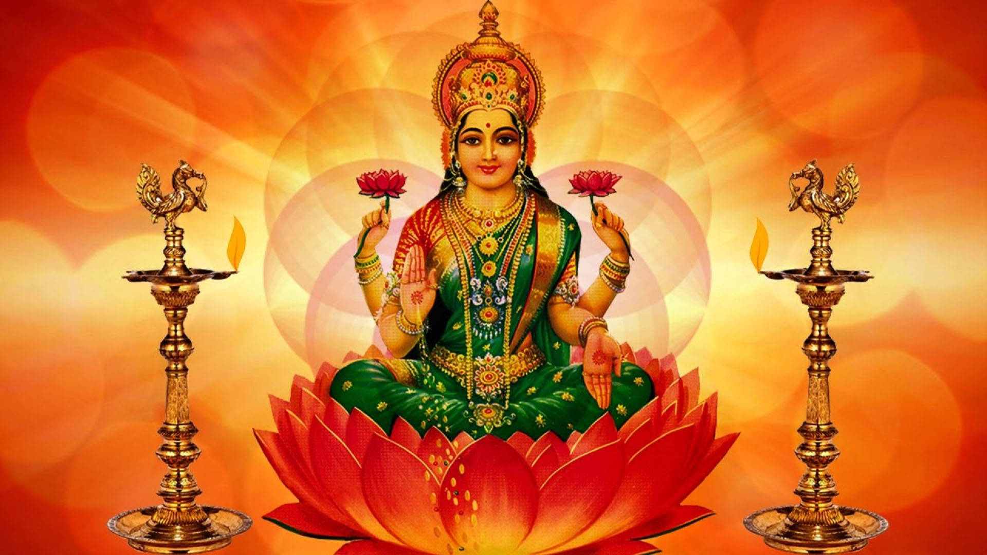 Lakshmi na Pulang Kahel na Lotus Wallpaper