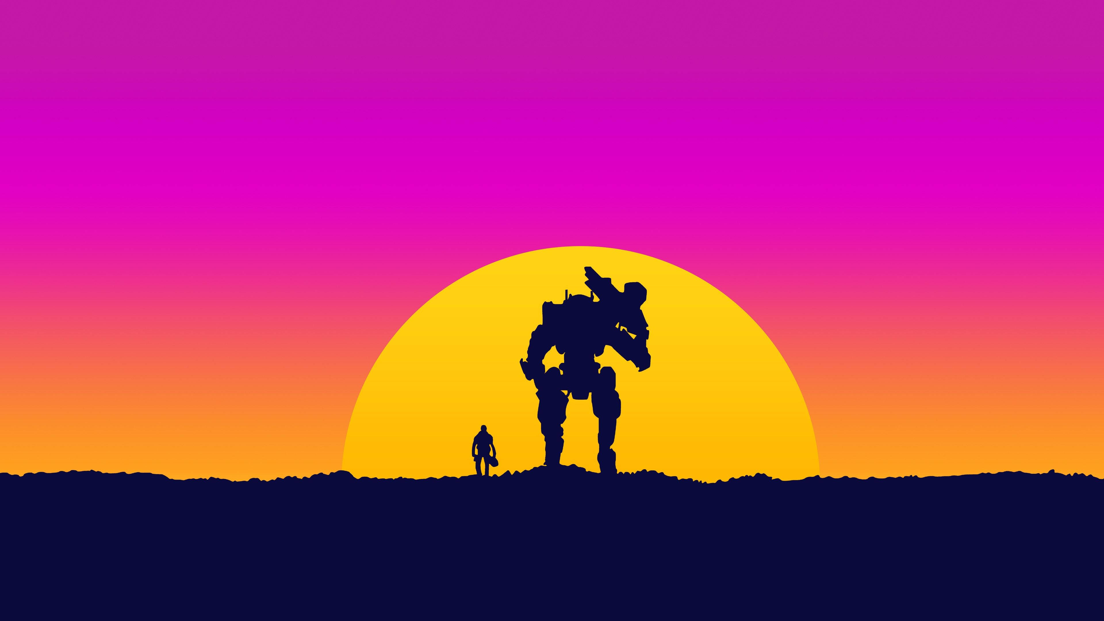 Lalaki at Robot Naglalaro sa Paglubog ng Araw Wallpaper
