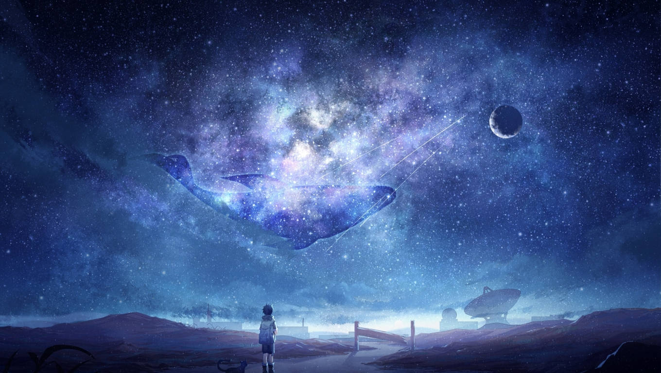 Lalaking Anime at Buwan ng Galaxy Wallpaper