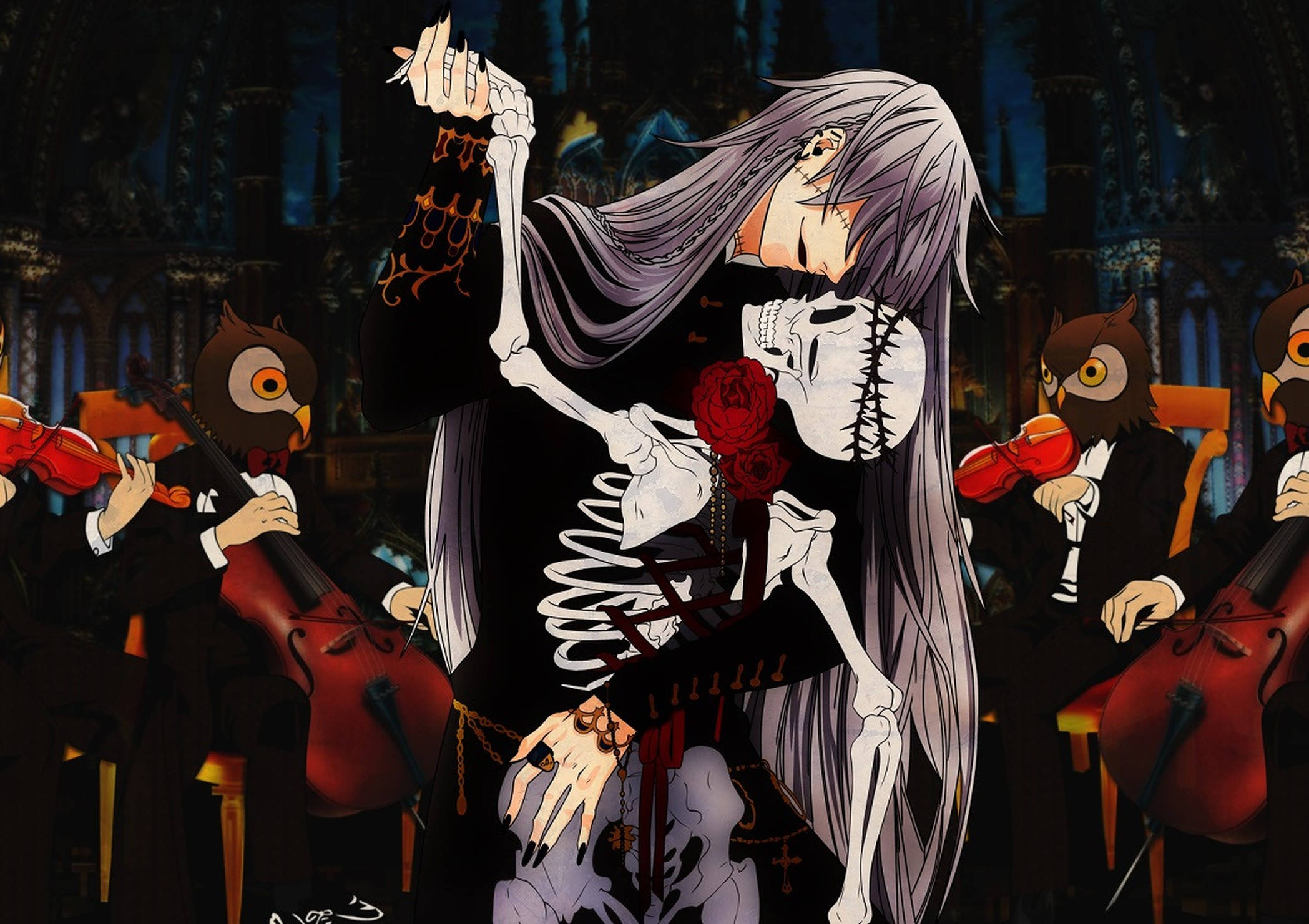 Lalaking Anime Sumasayaw na may Kalansay Wallpaper