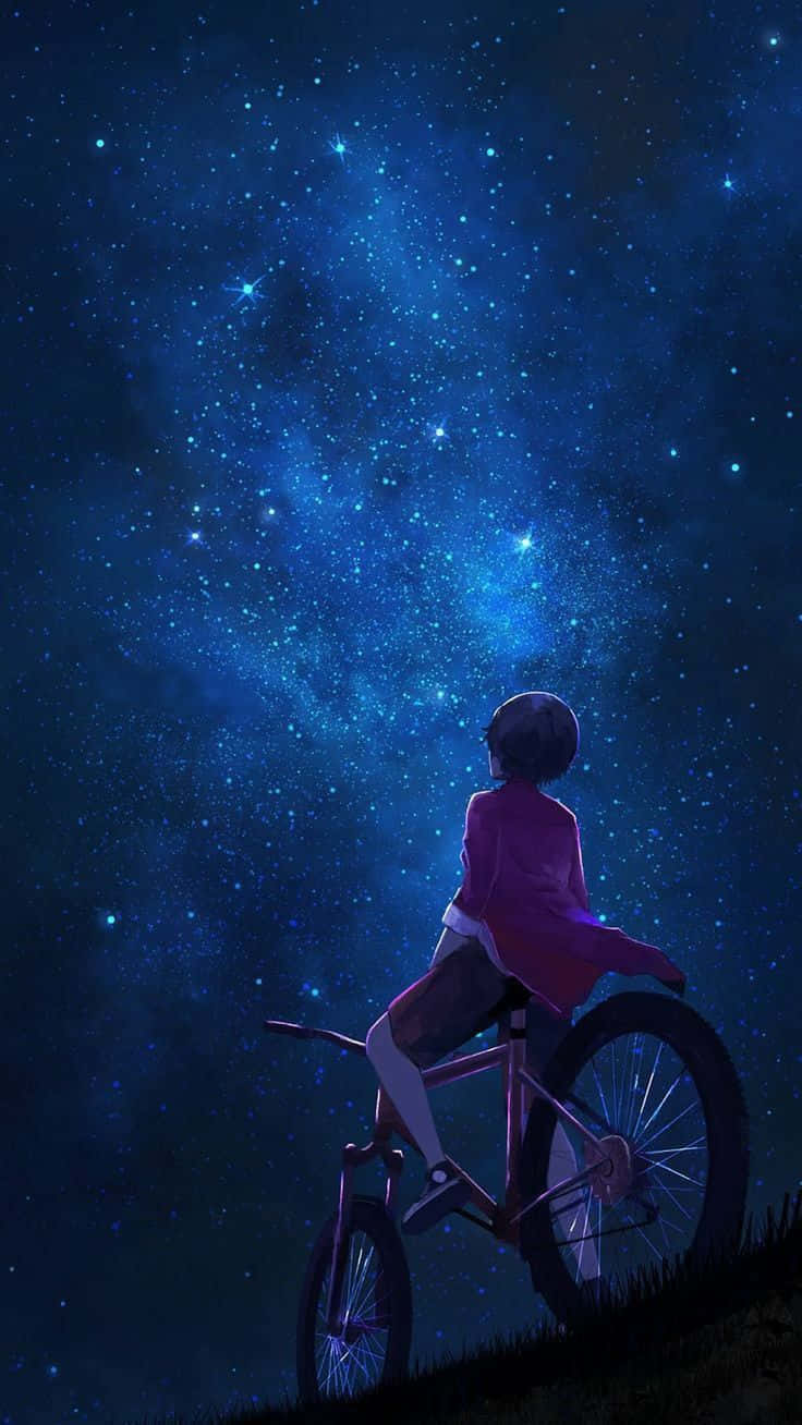 Lalaking Nakasakay sa Pulang Bisikleta na Tumingin sa Gabing Anime na Kalangitan Wallpaper