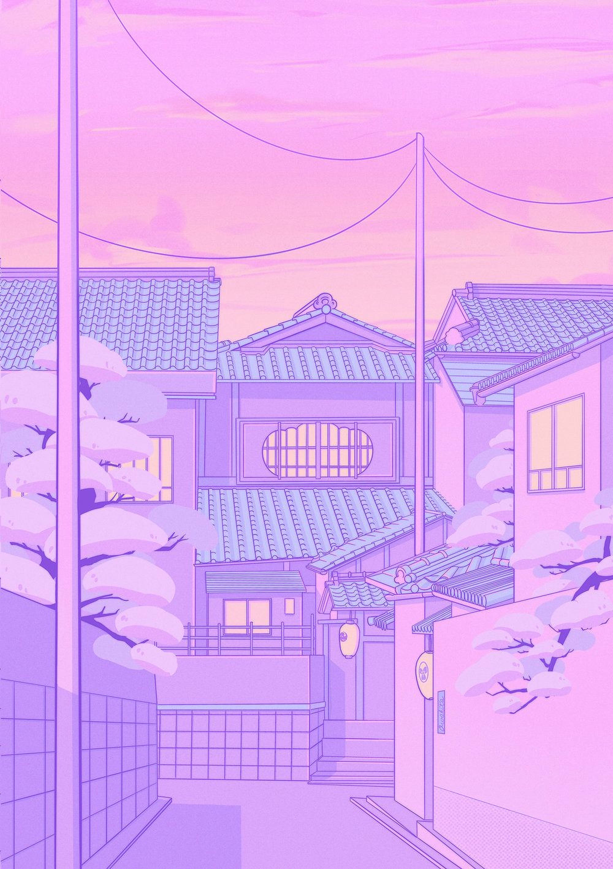 Lansangan ng Anime na may Pastel na Langit Wallpaper
