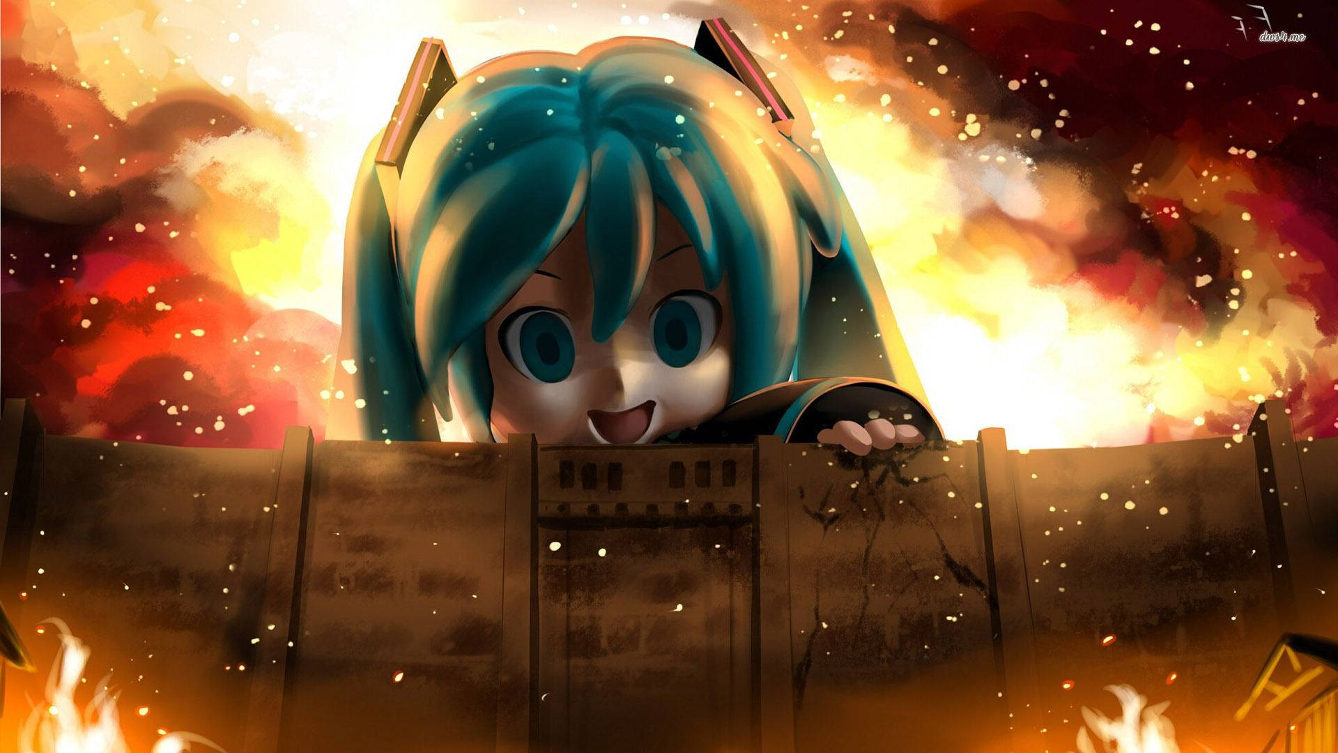 Larawan: Miku Hatsune Nakipagtagpo kay Eren Yeager sa Attack on Titan Wallpaper