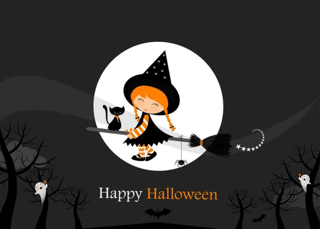 Larawan ng Cartoon Witch Girl na may Itim na Pusa para sa Halloween Wallpaper