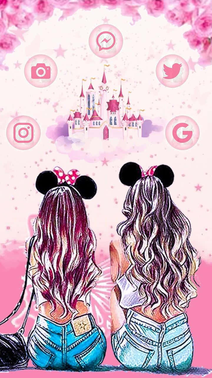Larawan ng Dalawang Kartun na BFF sa Disneyland Castle Wallpaper