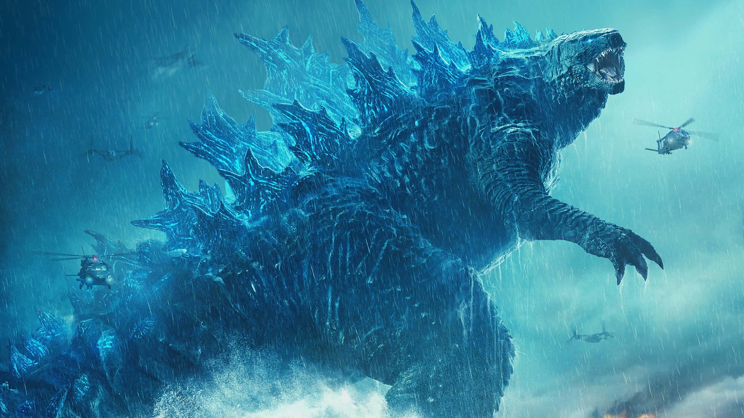 Larawan ng Godzilla na May Asul na Neon Lights at mga Helicopter Wallpaper