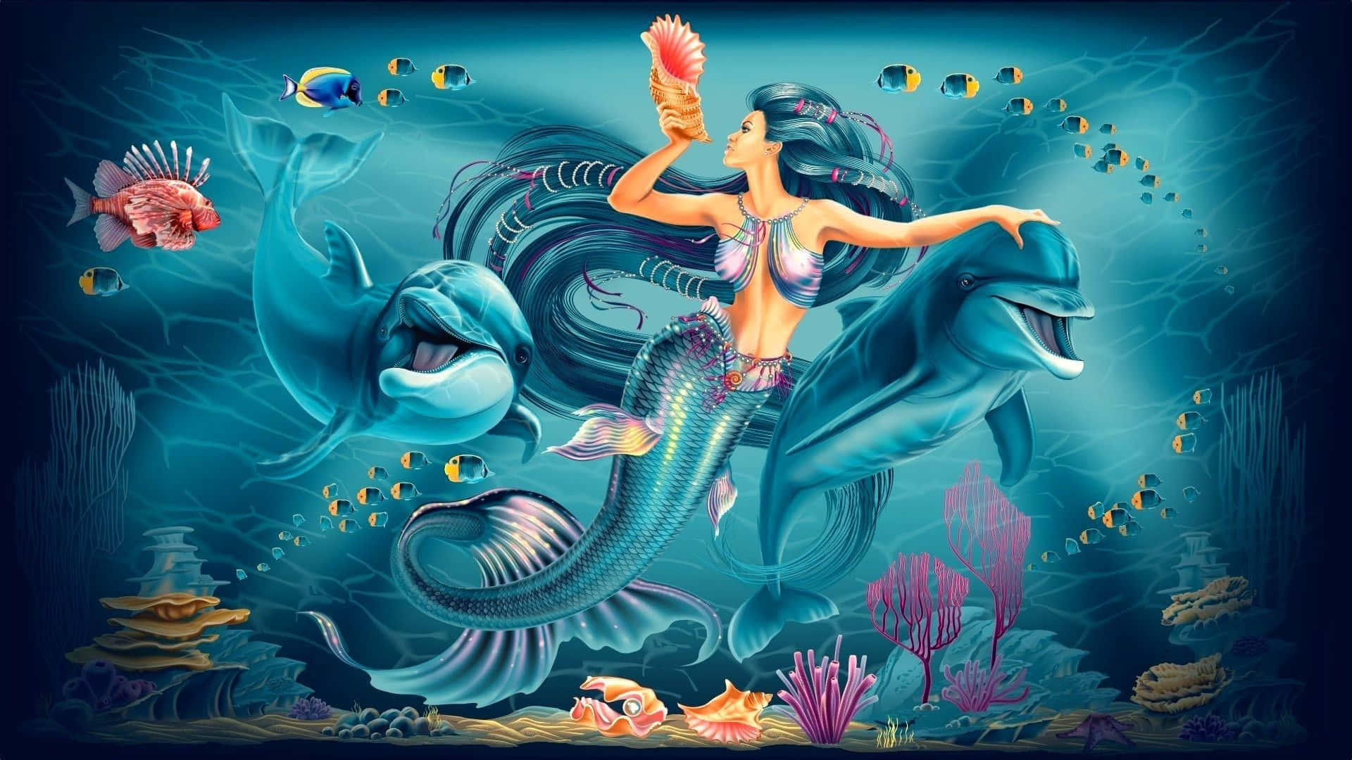 Larawan ng Mermaid na may Asul na Dolphin Wallpaper