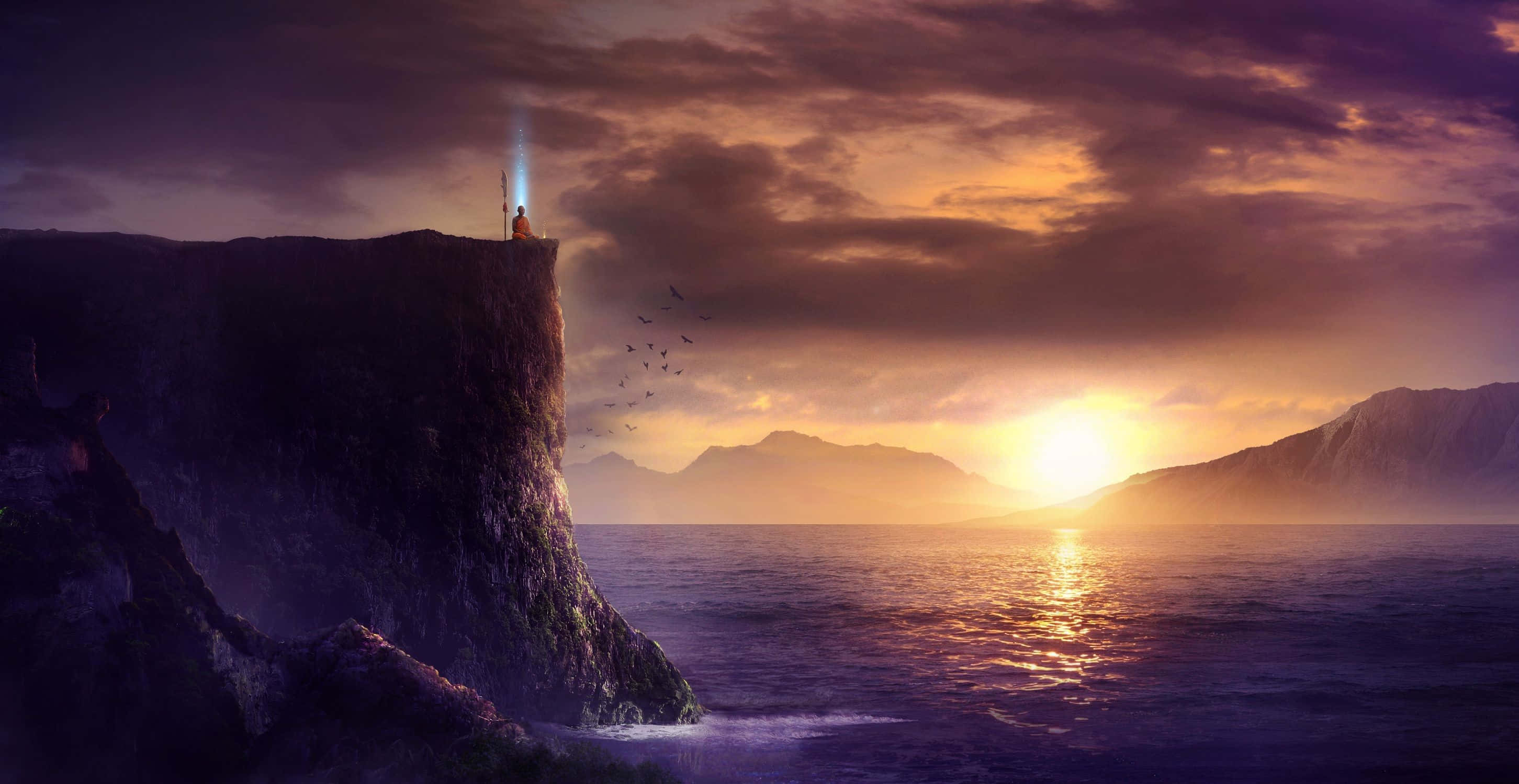 Larawan ng Monk na Nagmumuni-muni sa Malawak na Tanawin ng Karagatan Wallpaper