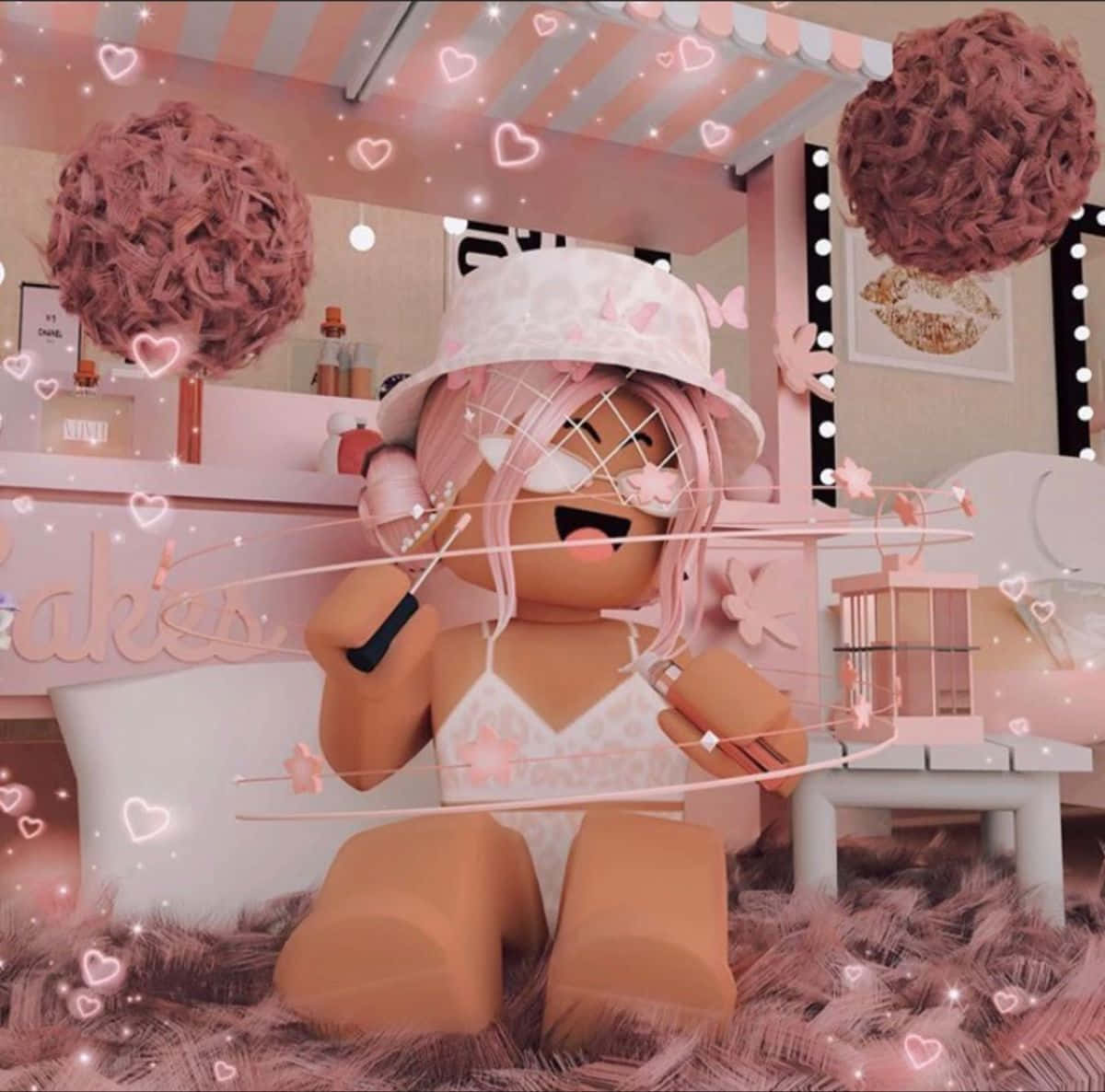 Larawan ng Preppy Girl Roblox sa Pink na Kwarto Wallpaper