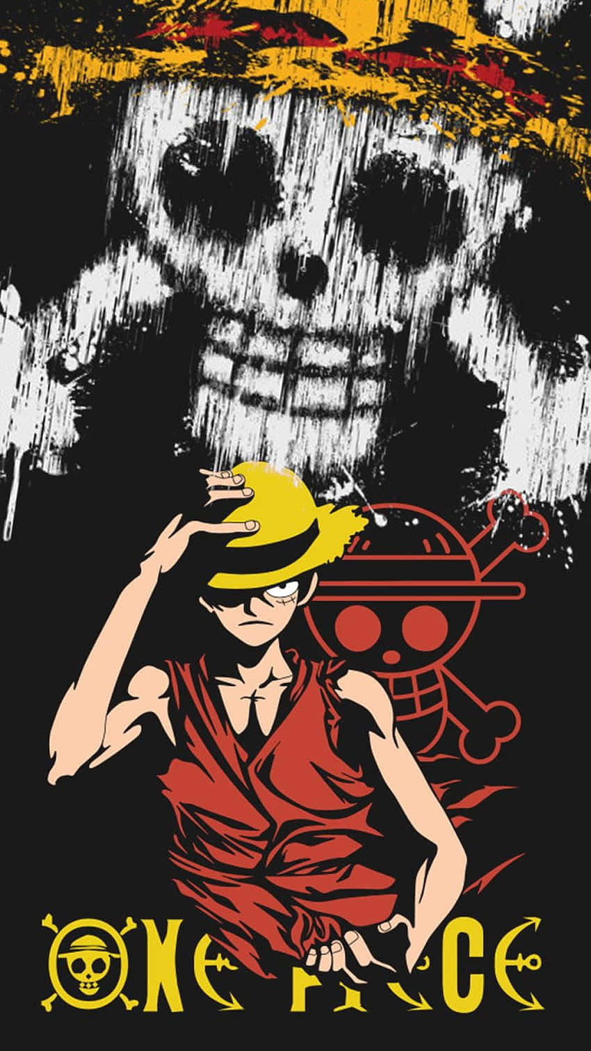 Larawan ni Luffy at Logo ng Bungo ng Pirata mula sa One Piece Wallpaper