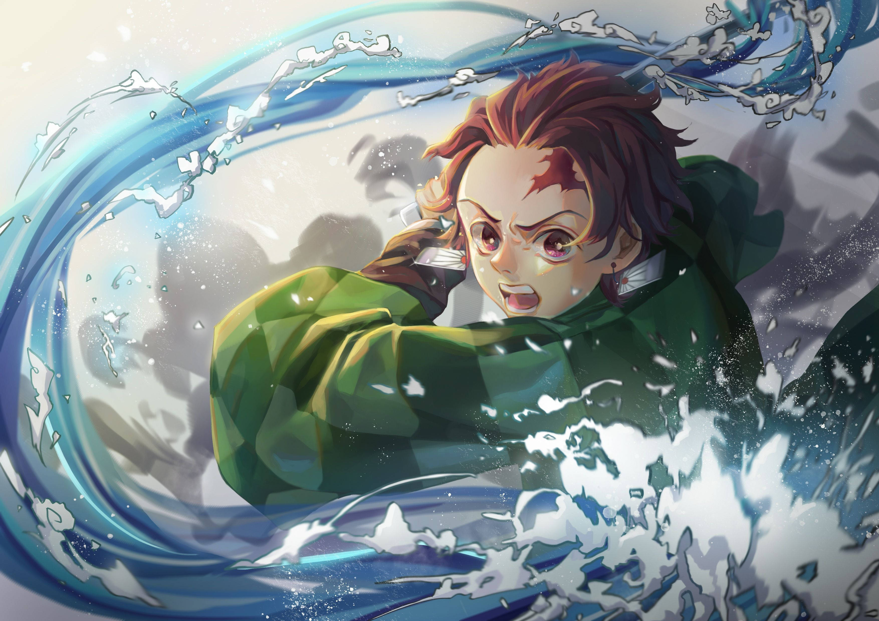 Larawan ni Tanjiro Kanzaki na Pinagkadalubhasaan ang Kanyang Water Breathing Technique Wallpaper