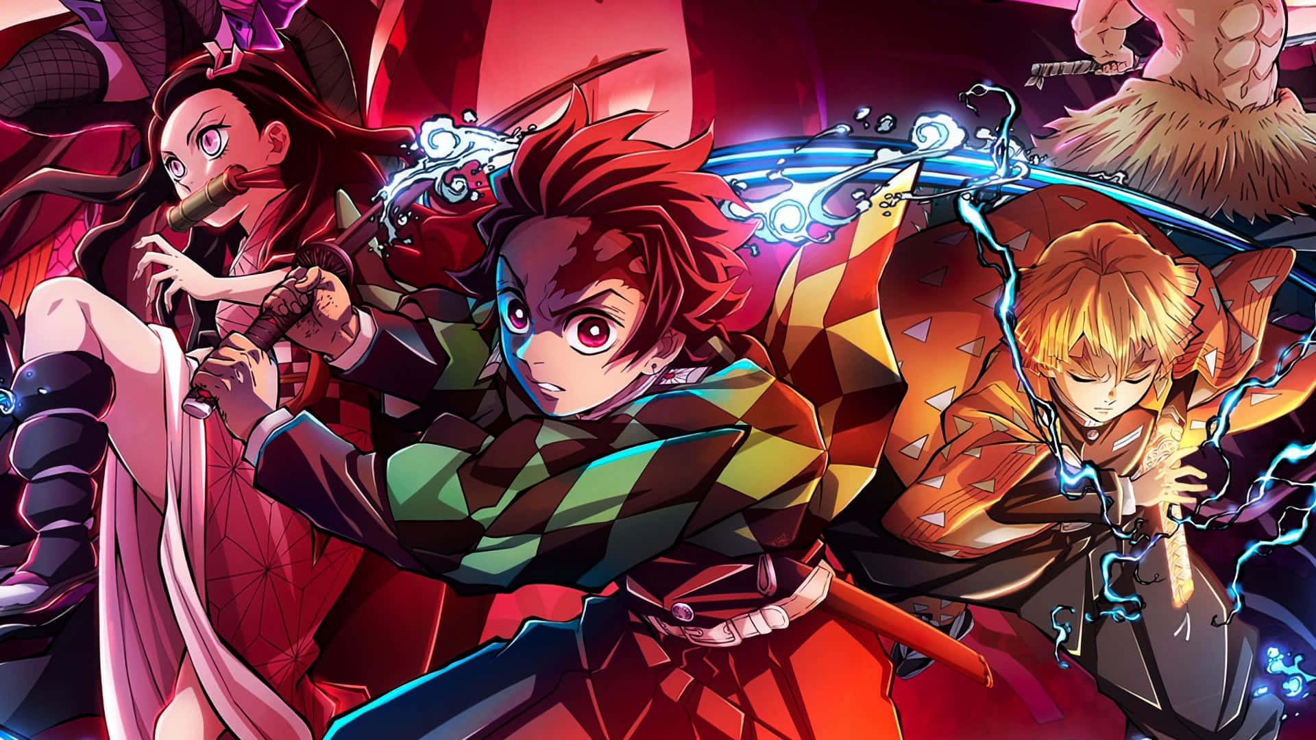 Larawan nina Tanjiro, Zenitsu, at Nezuko mula sa Kimetsu No Yaiba Wallpaper