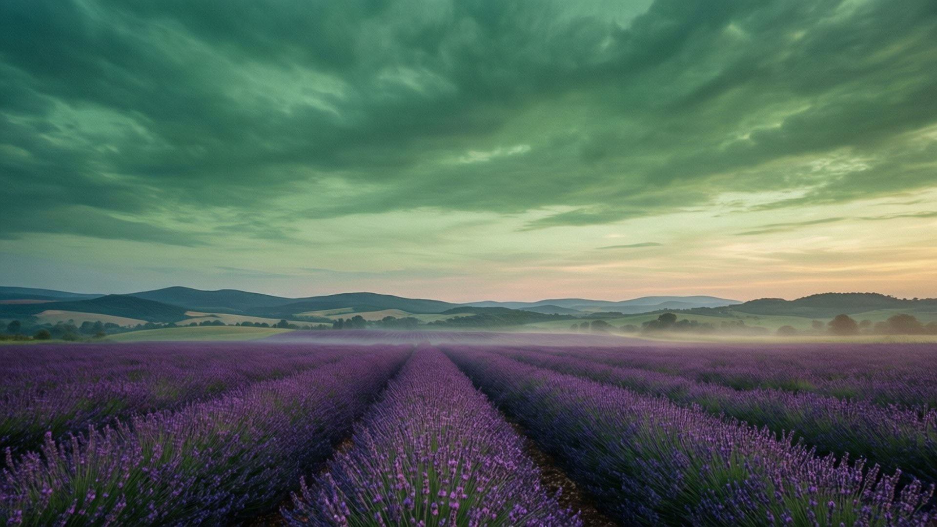 Lavender Field sa Ilalim ng Luntiang Langit Wallpaper
