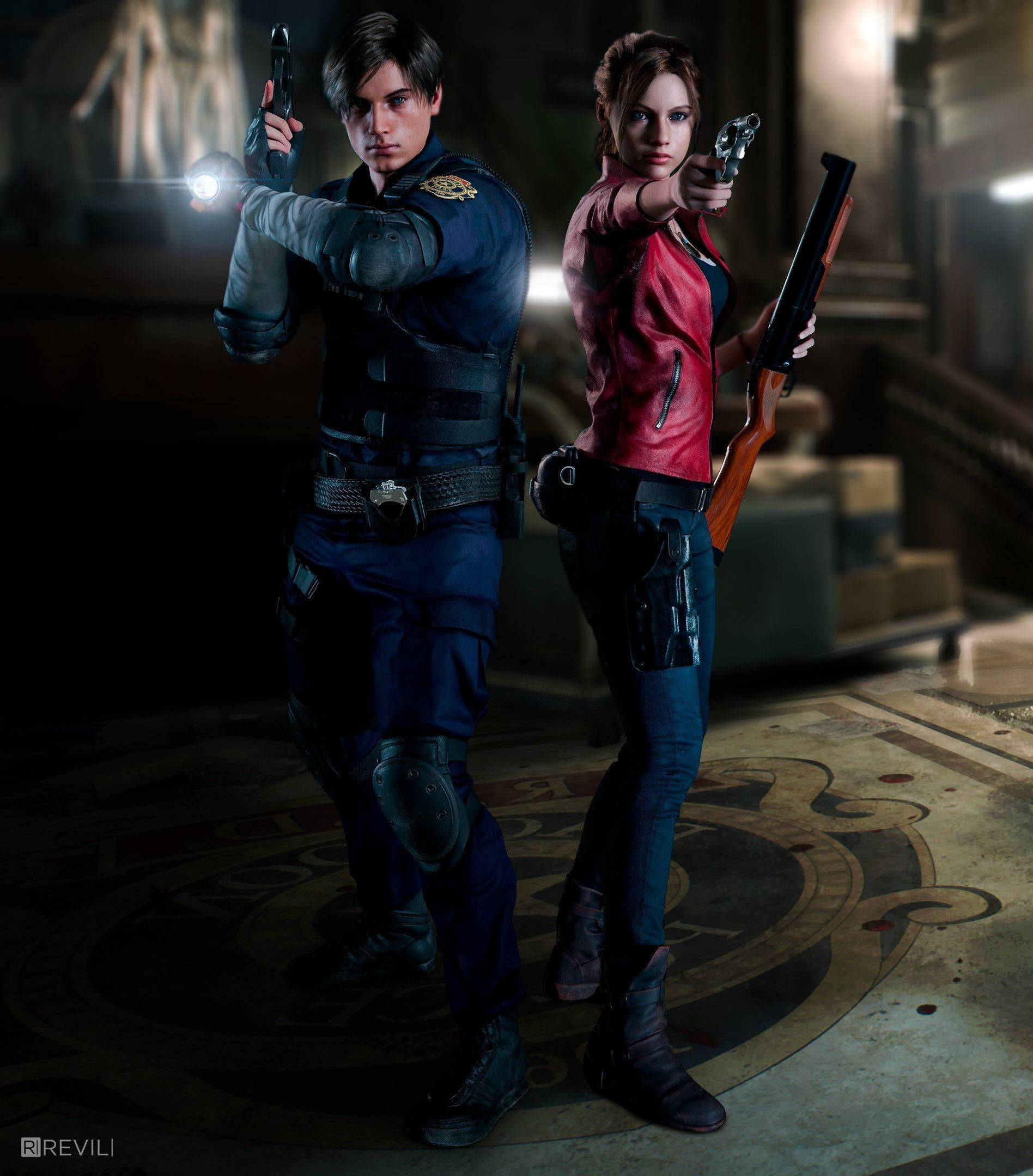 Sina Leon at Claire ay naglalaban sa kanilang daan sa RPD sa Resident Evil 2 Remake Wallpaper