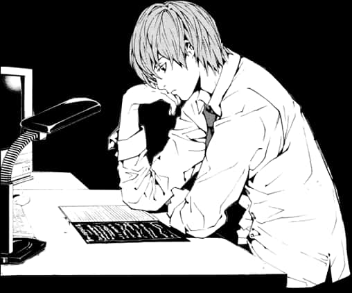 Light Yagami Nag-iisip sa Mesa Wallpaper