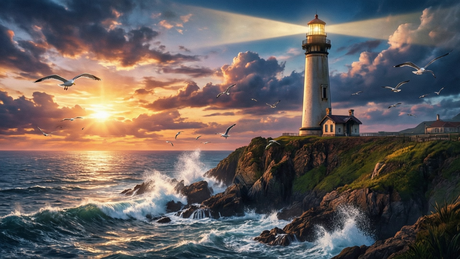 Lighthouse sa Cliff sa Paglubog ng Araw Wallpaper