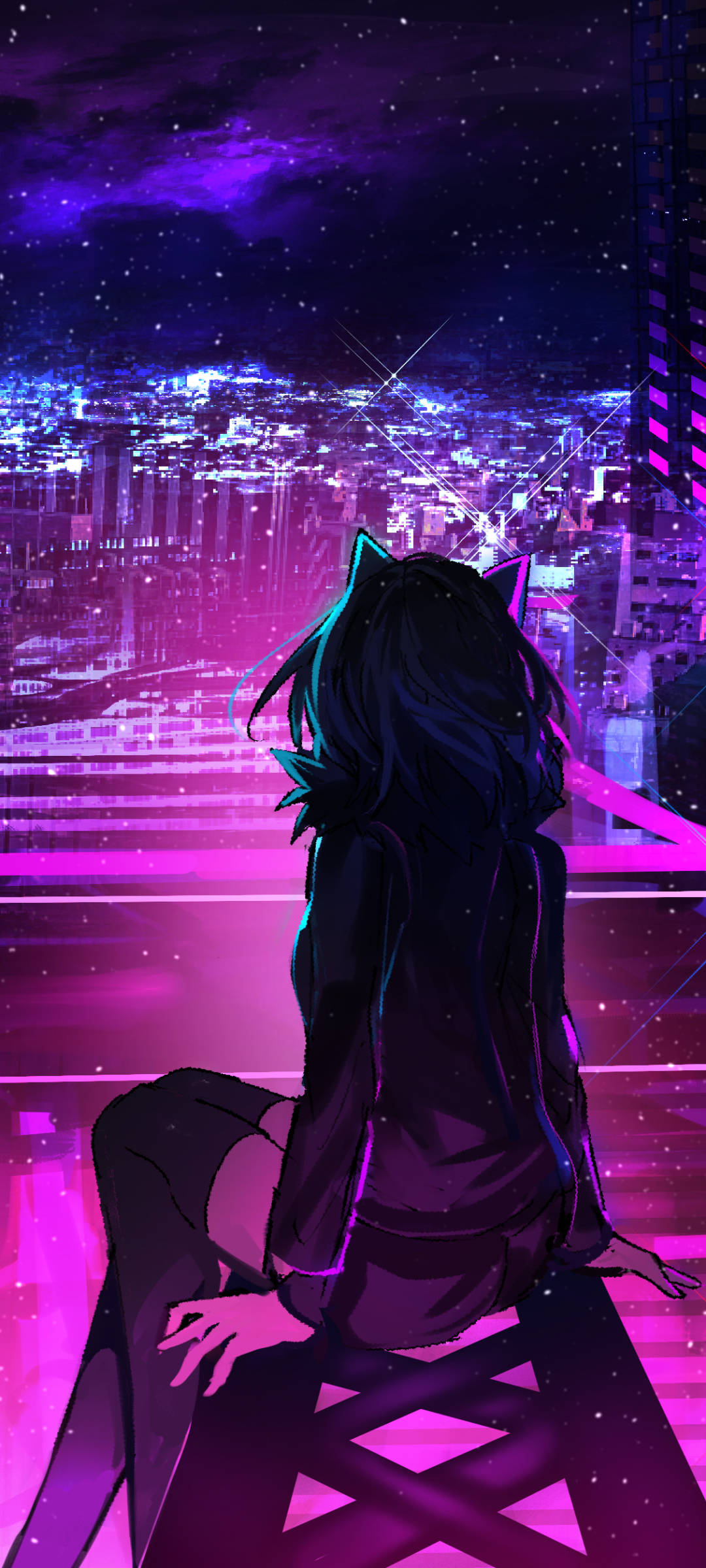 Lila na Anime na Telepono ng Lungsod Wallpaper