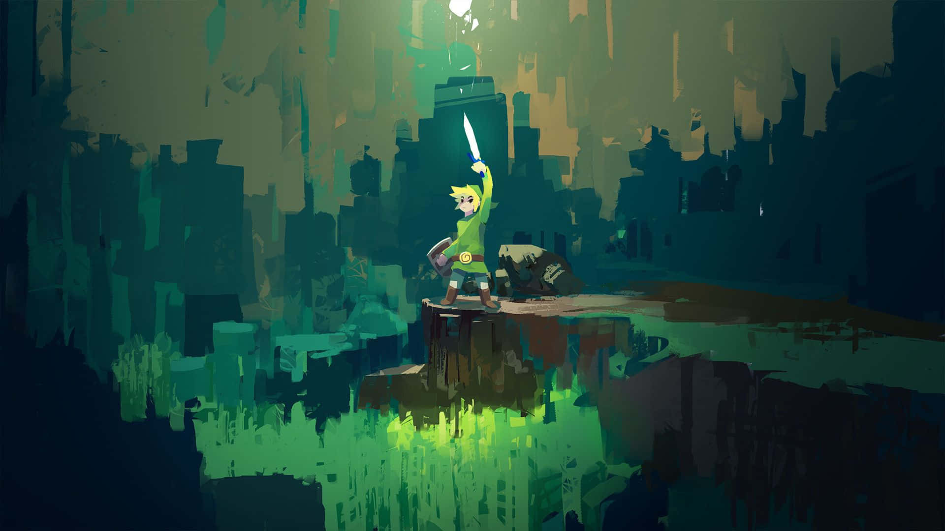 Link, ang batang bida ng The Legend of Zelda, hawak ang Triforce sa kanyang kamay. Wallpaper