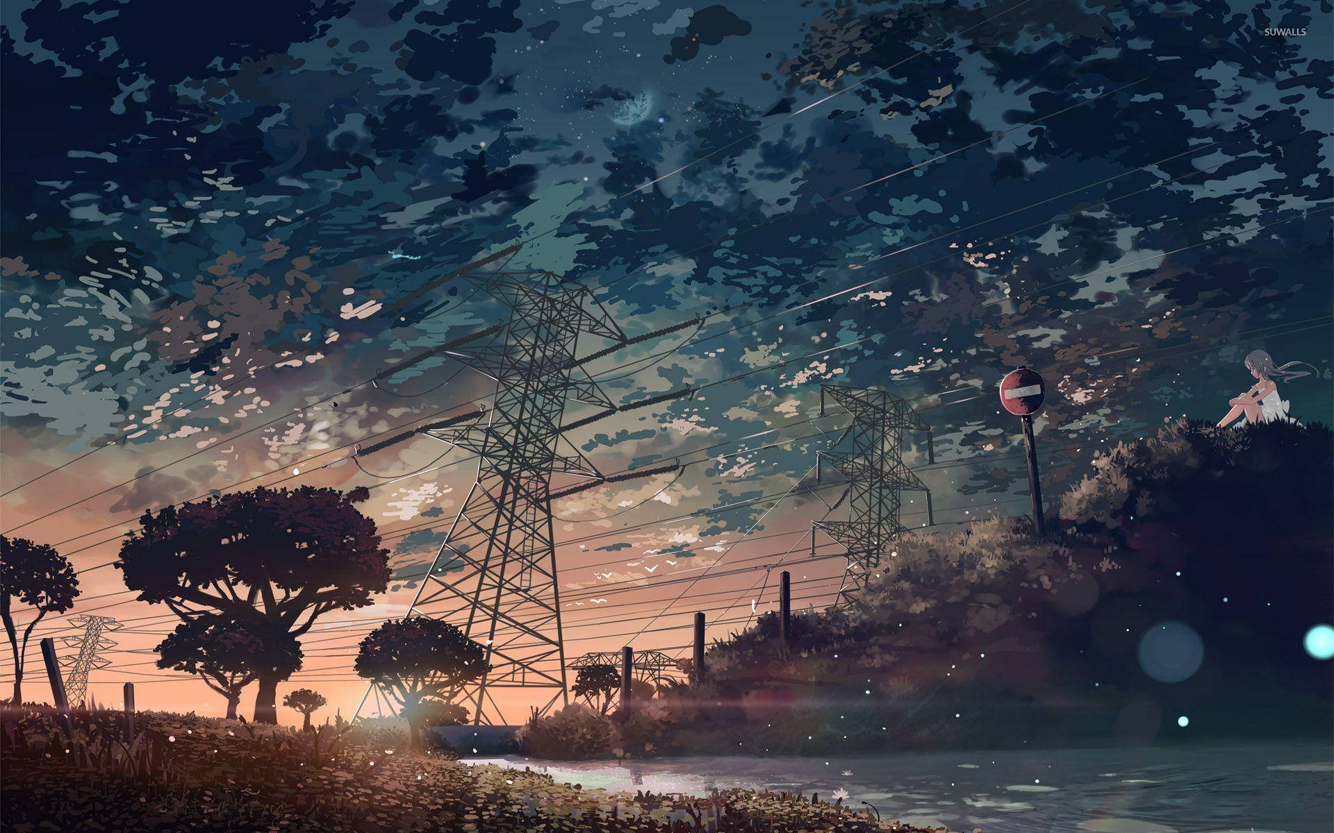 Linya ng Kuryente Anime Aesthetic Paglubog ng Araw Wallpaper
