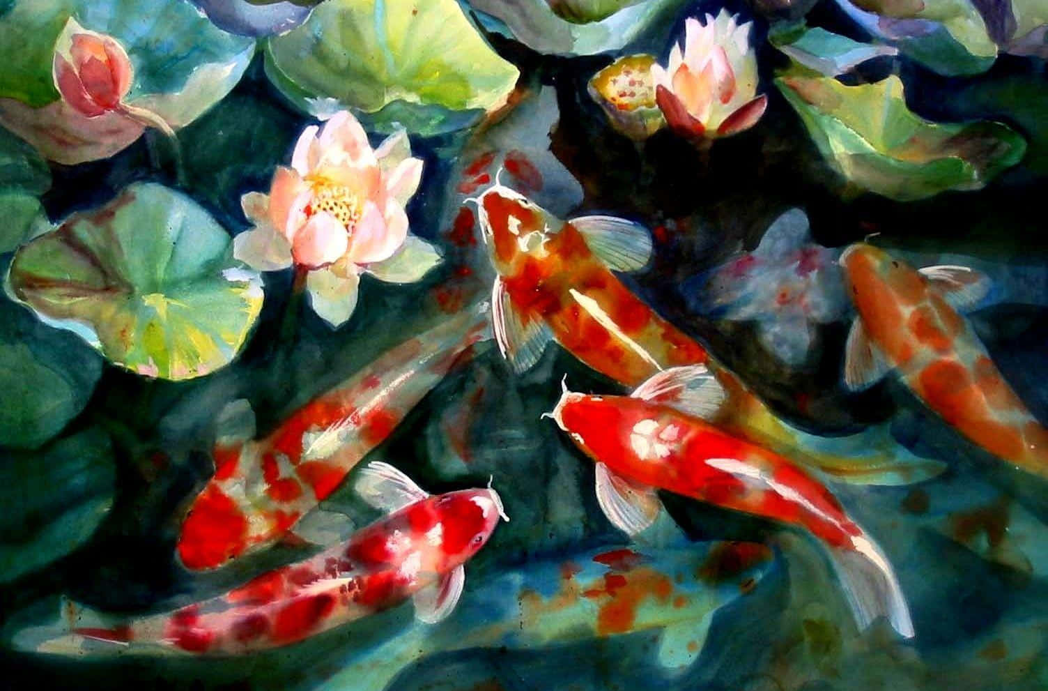 Live Orange Koi Fish at Lotus Wallpaper