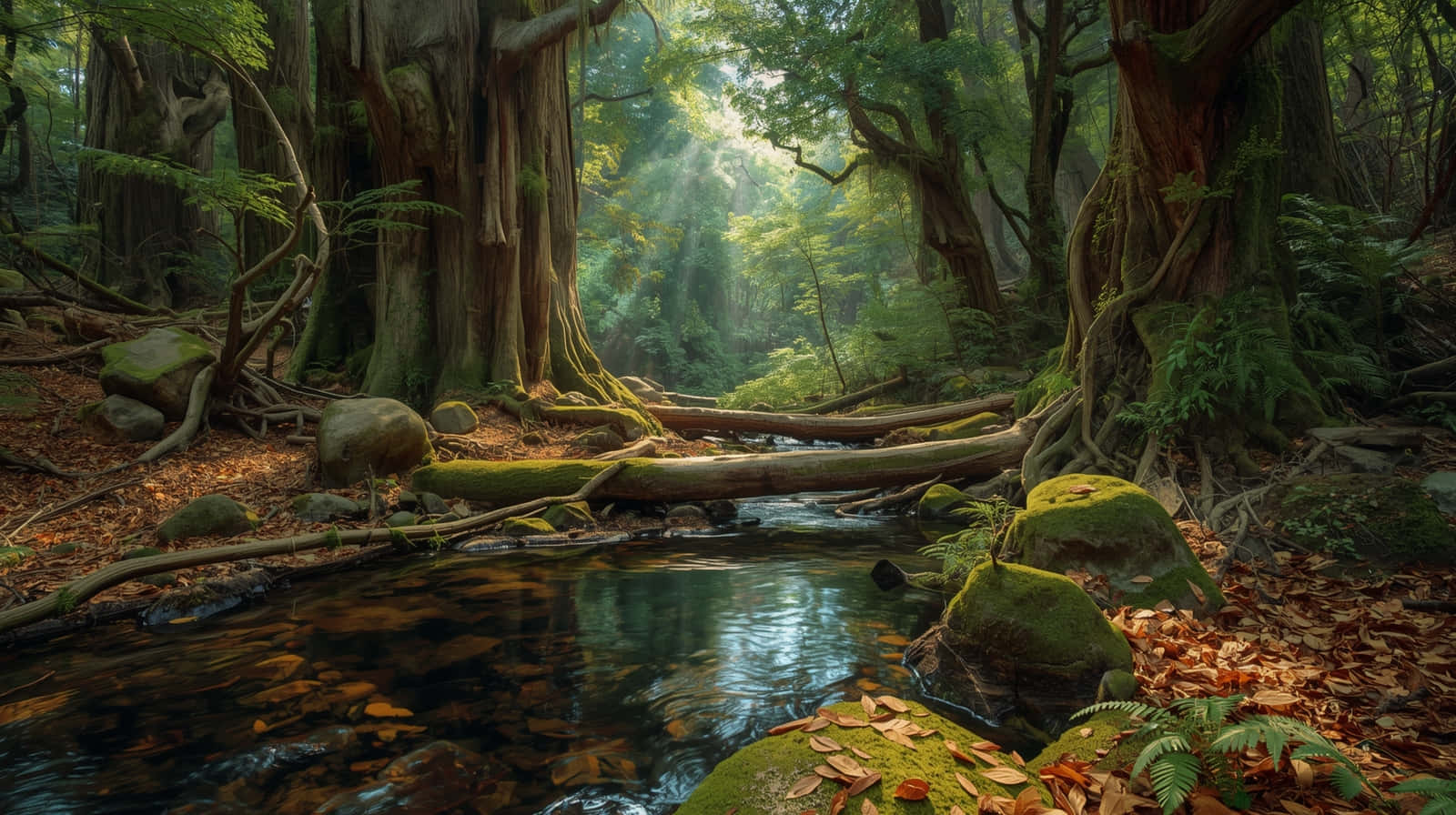 Liwanag ng Araw sa Mahamog na mga Puno sa Tahimik na Sapa ng Kagubatan Wallpaper