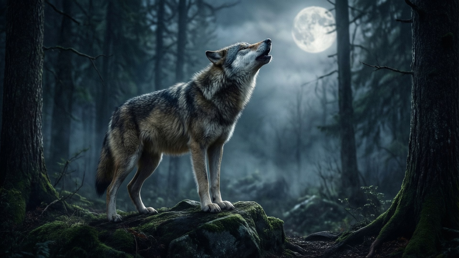Lobo na Umaangal sa Madilim na Kagubatan Wallpaper