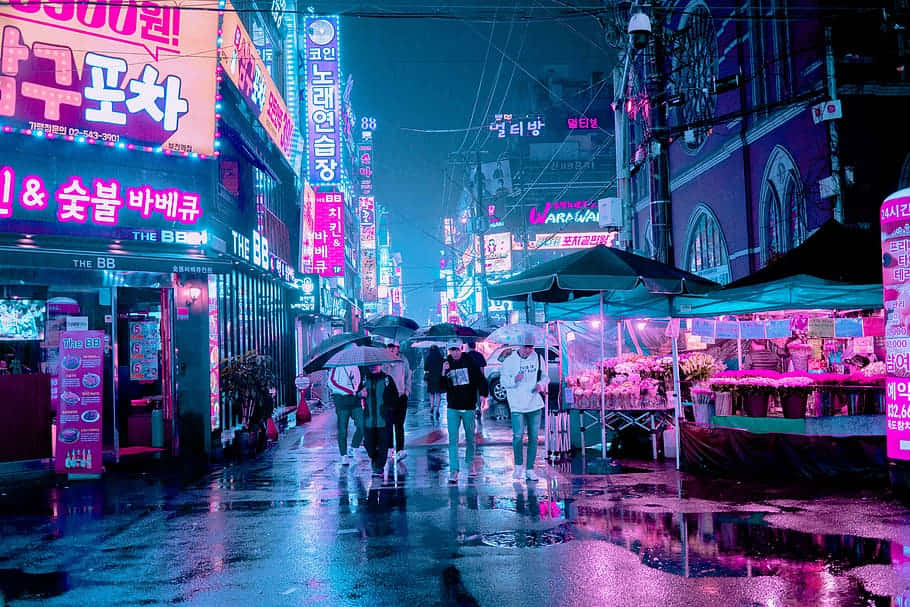 Lungsod ng Seoul na Kulay Rosas na Neon Wallpaper