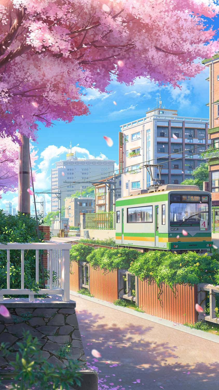 Lungsod ng Tokyo na May Puno ng Cherry Blossom sa Estilong Anime Wallpaper