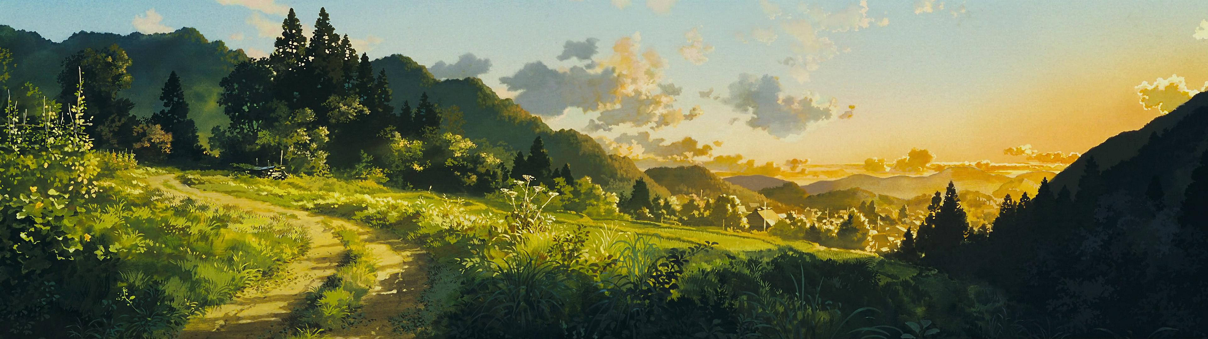 Luntiang tanawin na inspirasyon ng anime, perpekto para sa dual monitor wallpaper
